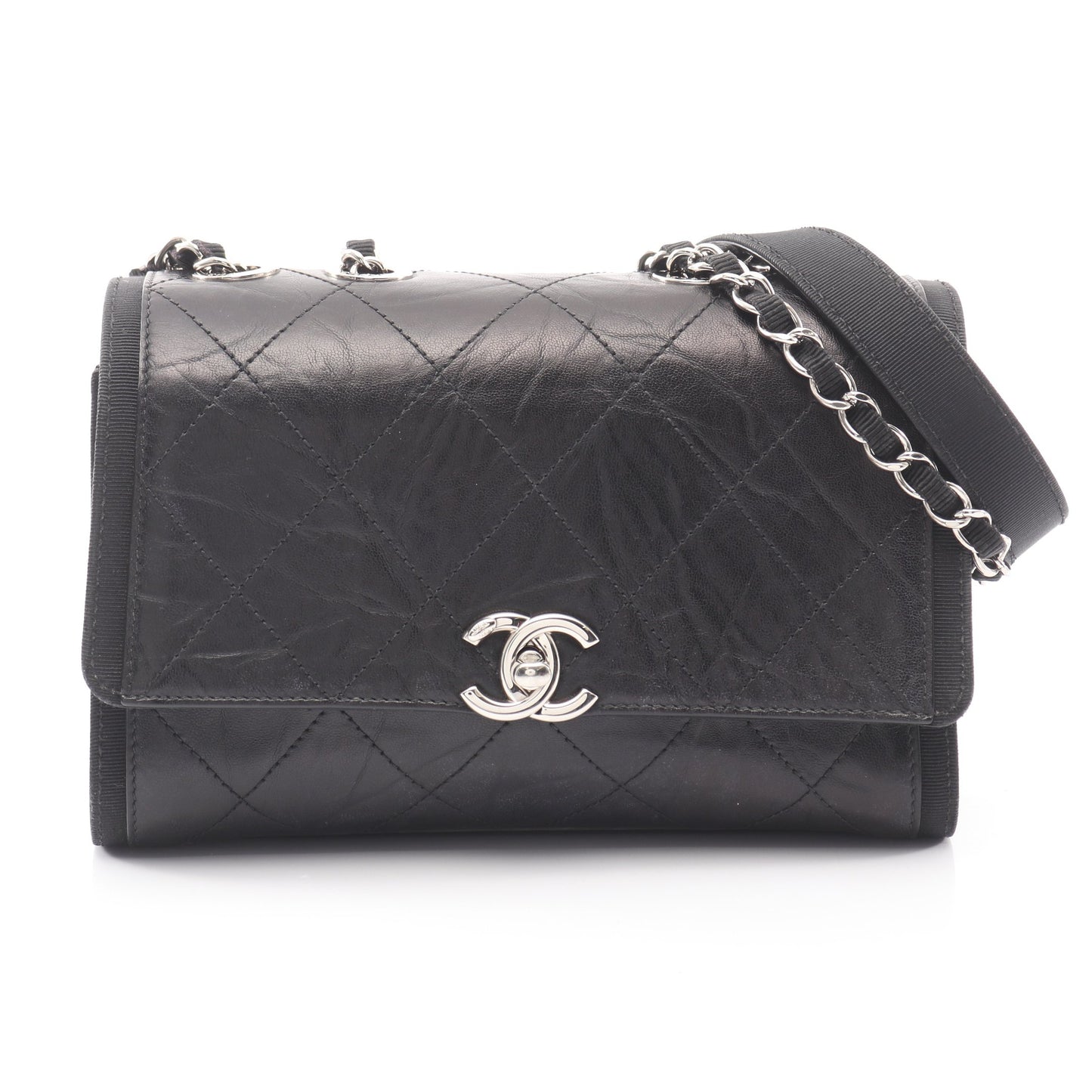 マトラッセ Wチェーンショルダーバッグ レザー ブラック シルバー金具 シャネル バッグ CHANEL