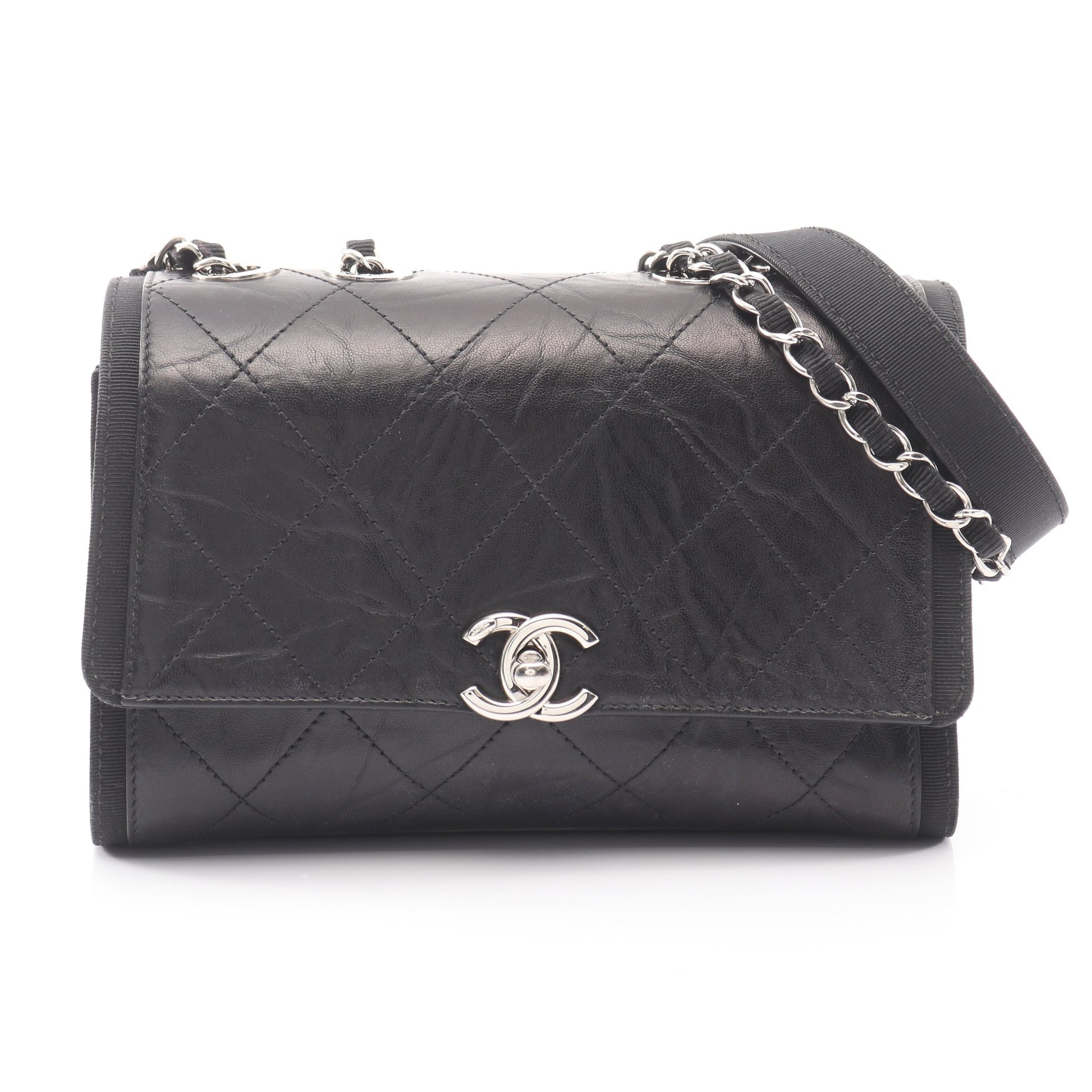 マトラッセ Wチェーンショルダーバッグ レザー ブラック シルバー金具 シャネル バッグ CHANEL
