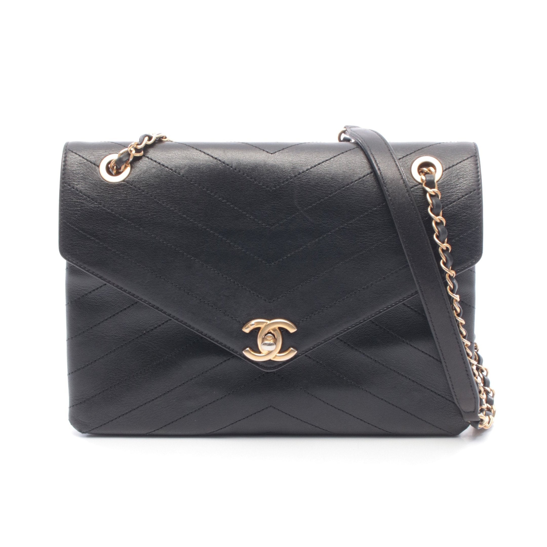 シェブロン Vステッチ チェーンショルダーバッグ レザー ブラック