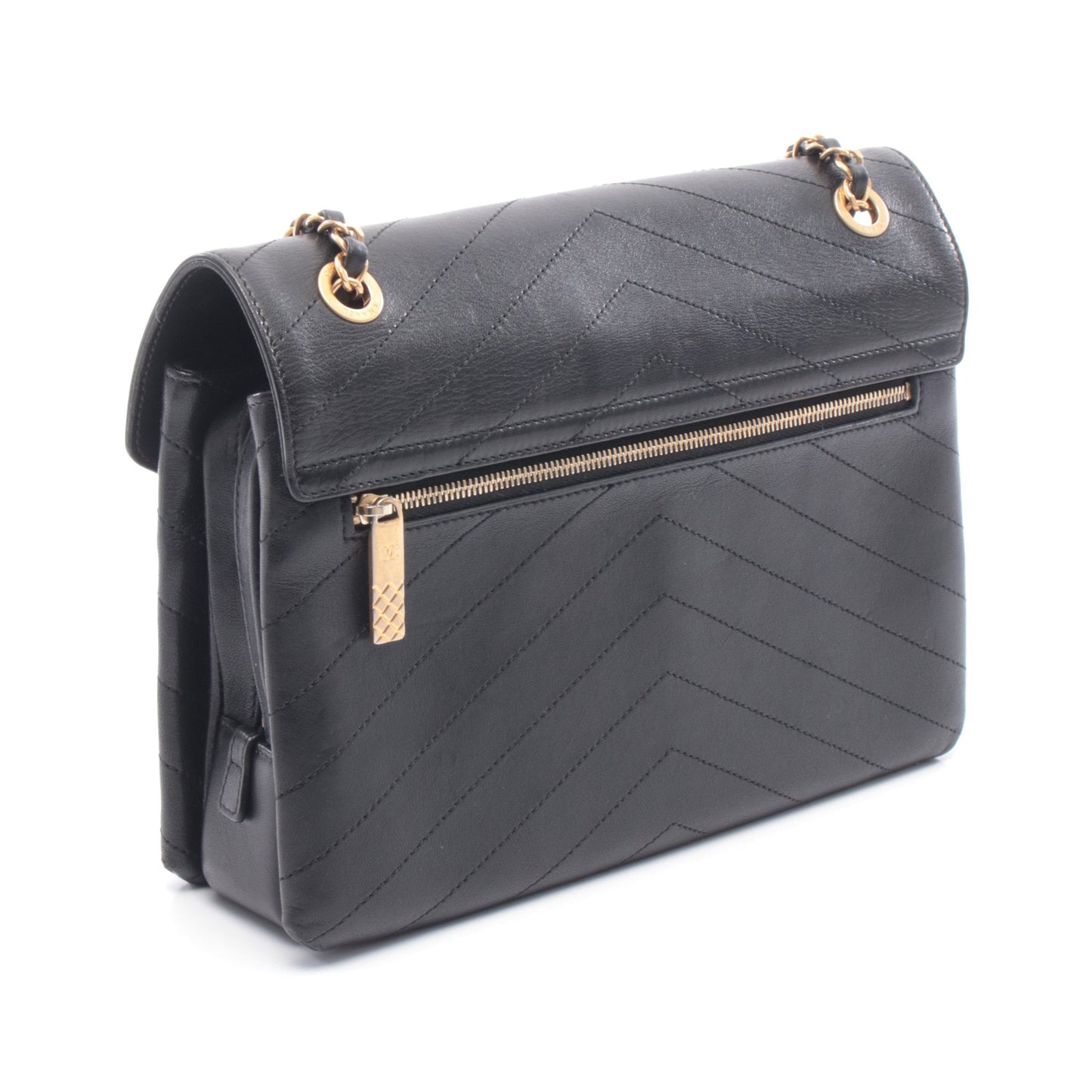 シェブロン Vステッチ チェーンショルダーバッグ レザー ブラック ゴールド金具 シャネル バッグ CHANEL
