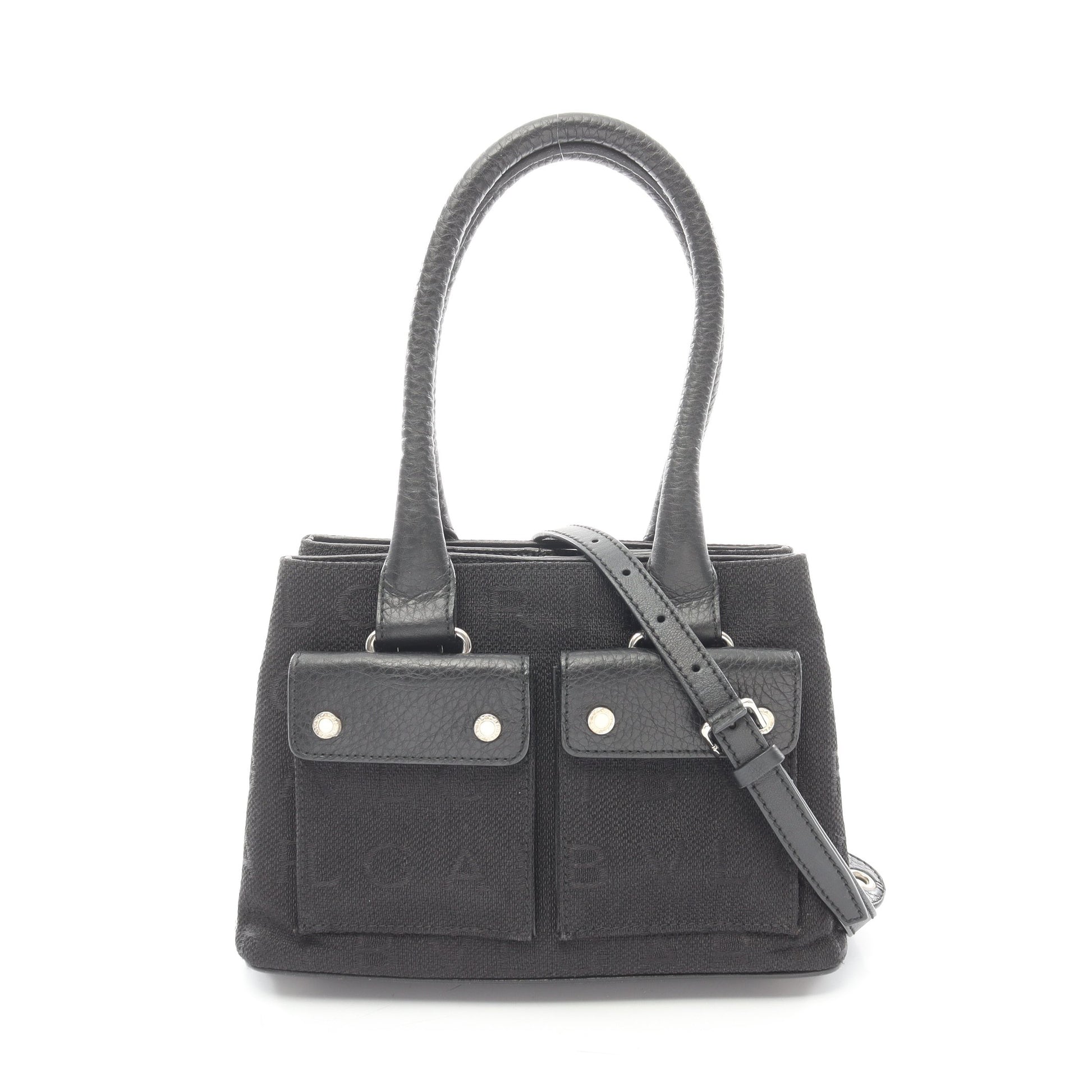 ロゴマニア ハンドバッグ キャンバス レザー ブラック 2WAY ブルガリ バッグ BVLGARI