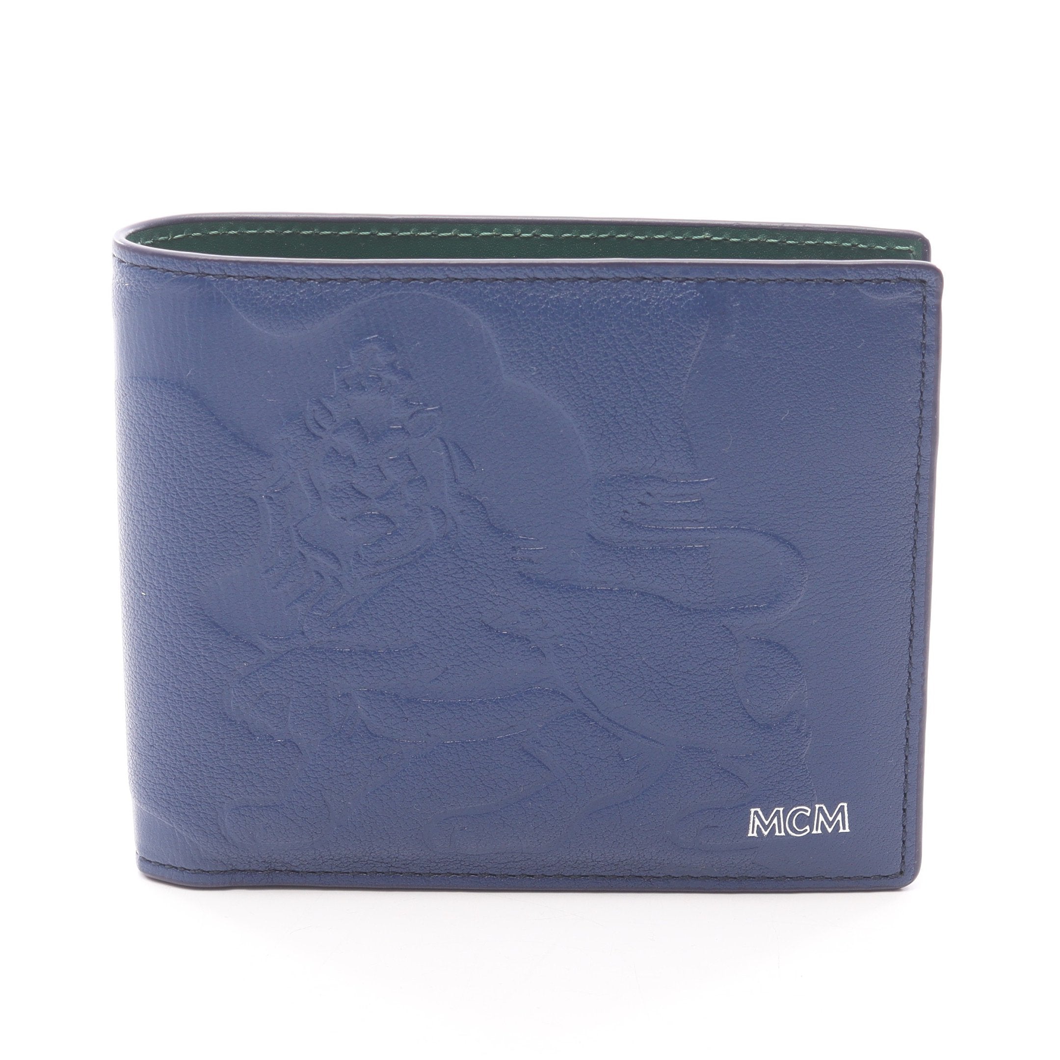 MCM　人気折り財布　レア　ライオン 二つ折り財布 ライオン レザー ブルー グリーン エムシーエム – RECLO
