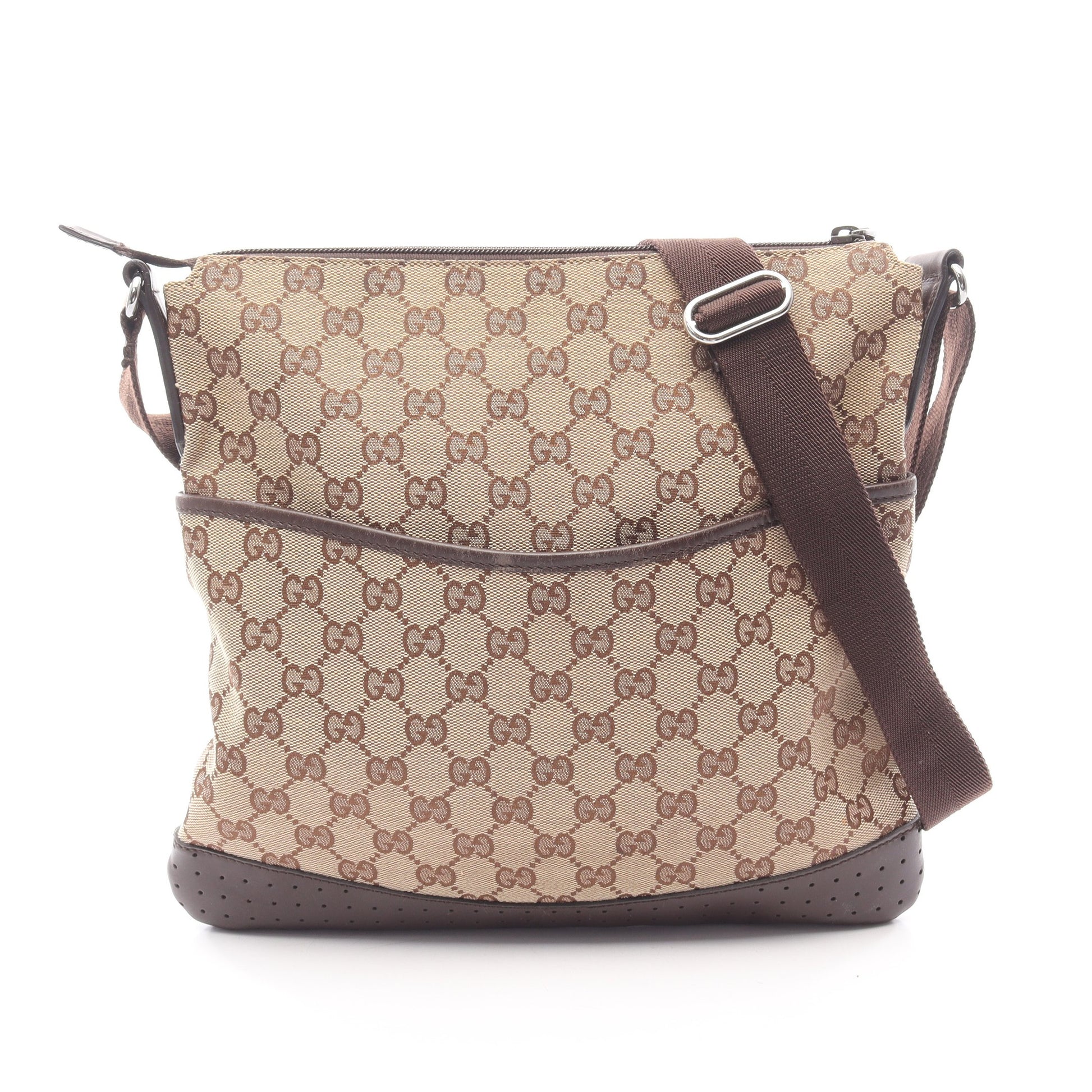GGキャンバス ショルダーバッグ キャンバス レザー ベージュ ダークブラウン グッチ バッグ GUCCI