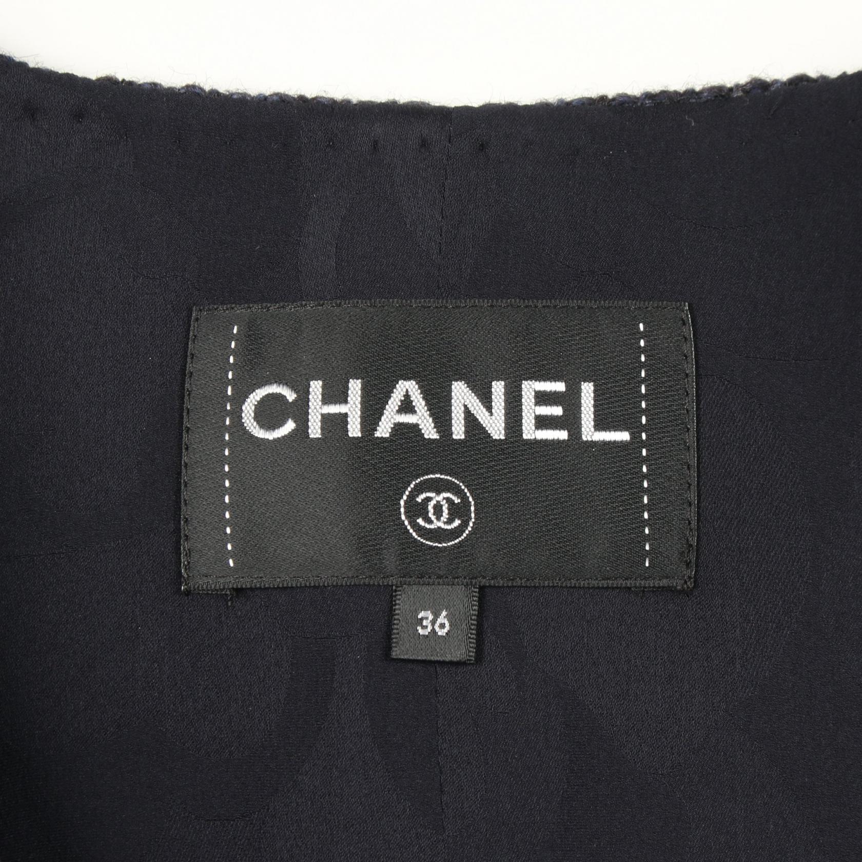 ビジューボタン ツイード ノーカラージャケット ウール ネイビー シャネル アウター CHANEL