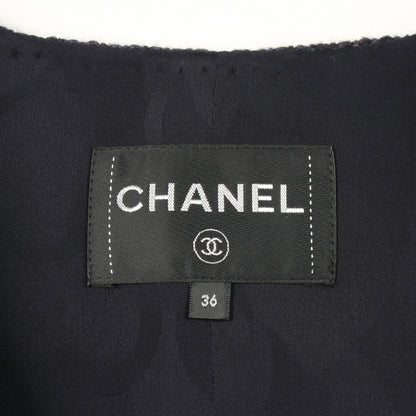 ビジューボタン ツイード ノーカラージャケット ウール ネイビー シャネル アウター CHANEL