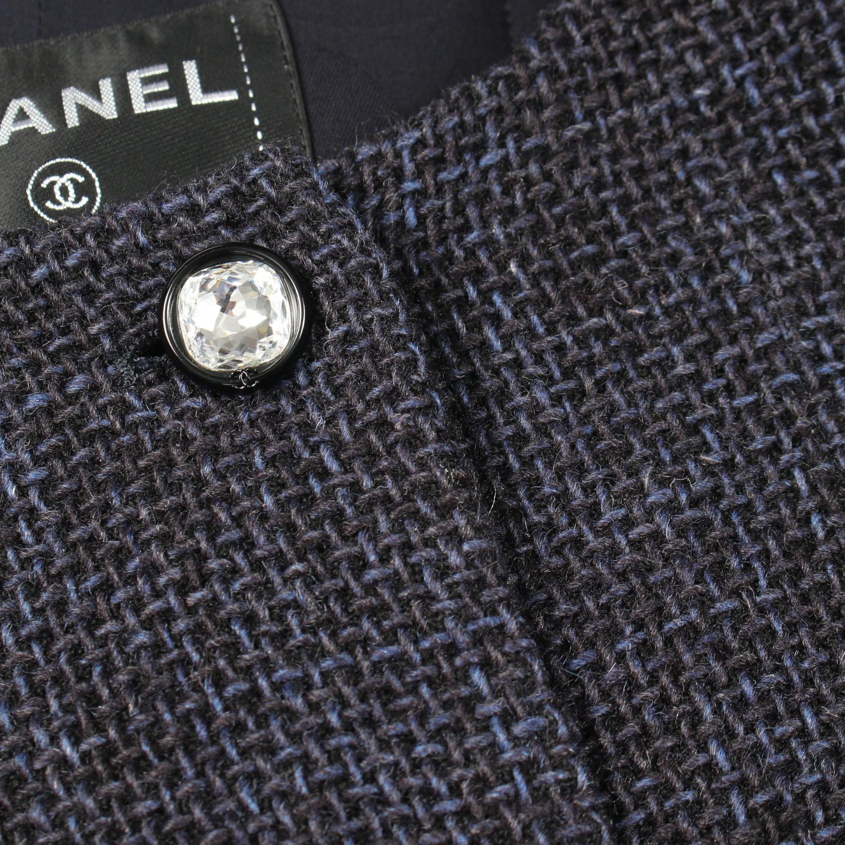 ビジューボタン ツイード ノーカラージャケット ウール ネイビー シャネル アウター CHANEL
