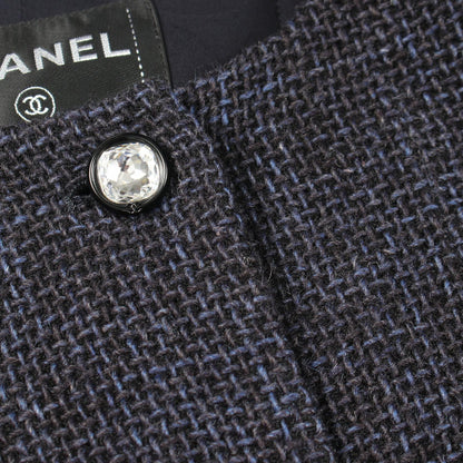 ビジューボタン ツイード ノーカラージャケット ウール ネイビー シャネル アウター CHANEL
