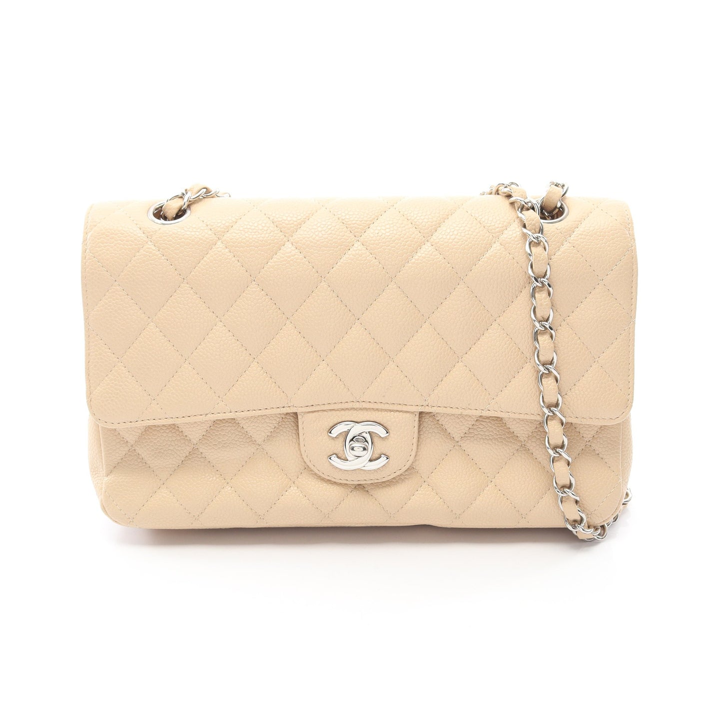 マトラッセ Wフラップ Wチェーンショルダーバッグ キャビアスキン ライトベージュ シルバー金具 シャネル バッグ CHANEL