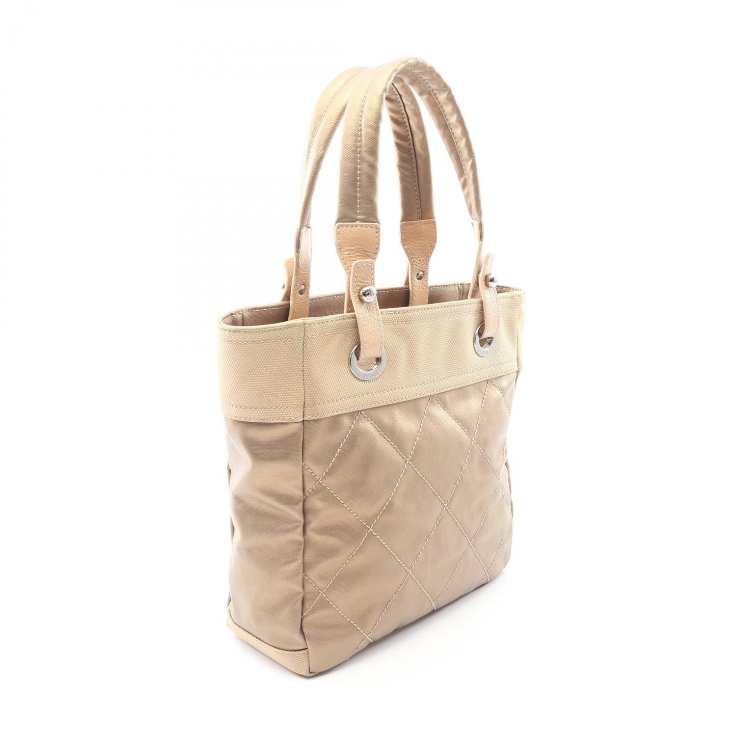 パリビアリッツPM ハンドバッグ トートバッグ コーティングキャンバス レザー シャンパンゴールド ベージュ シルバー金具 シャネル バッグ CHANEL