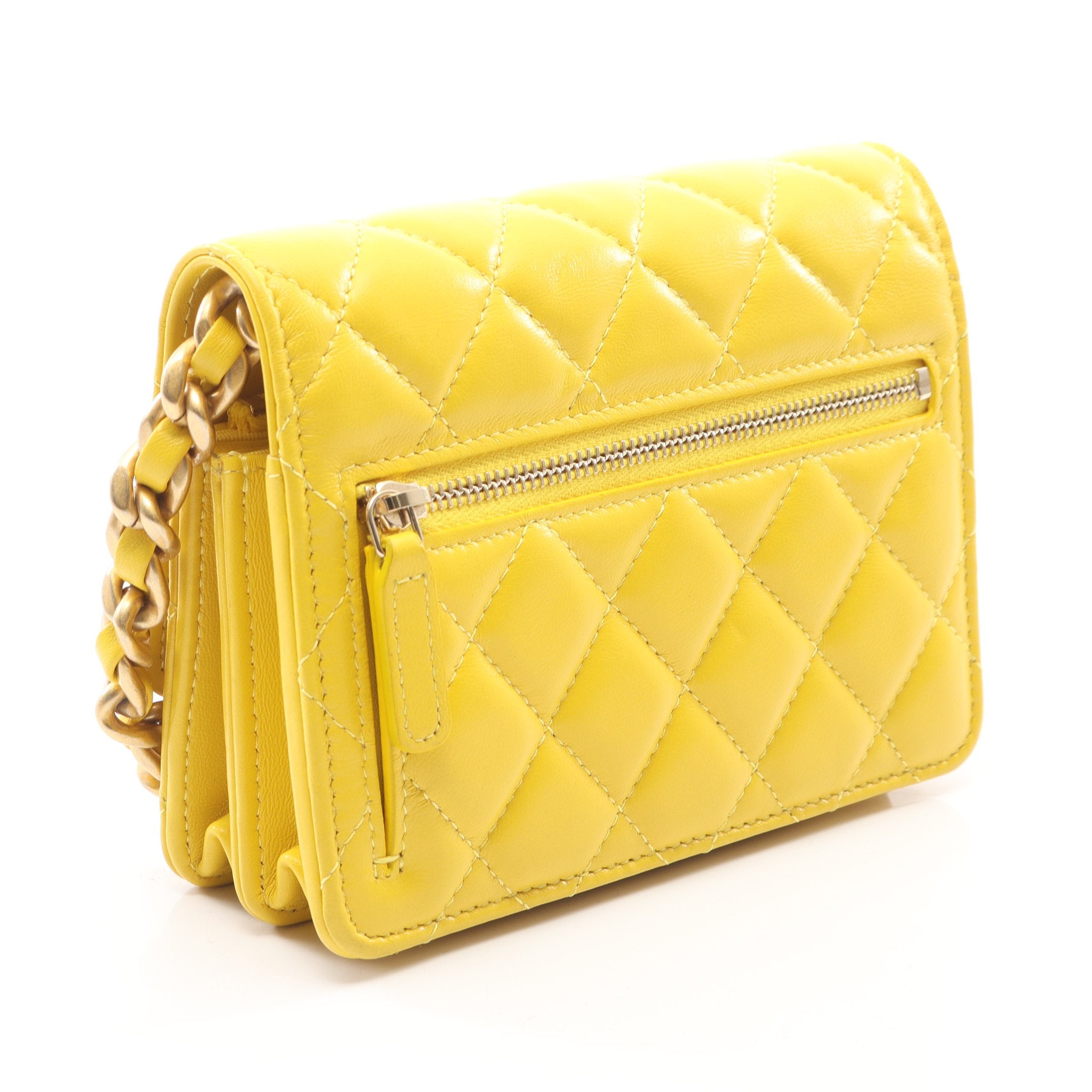 マトラッセ ミニ チェーンウォレット ラムスキン イエロー ゴールド