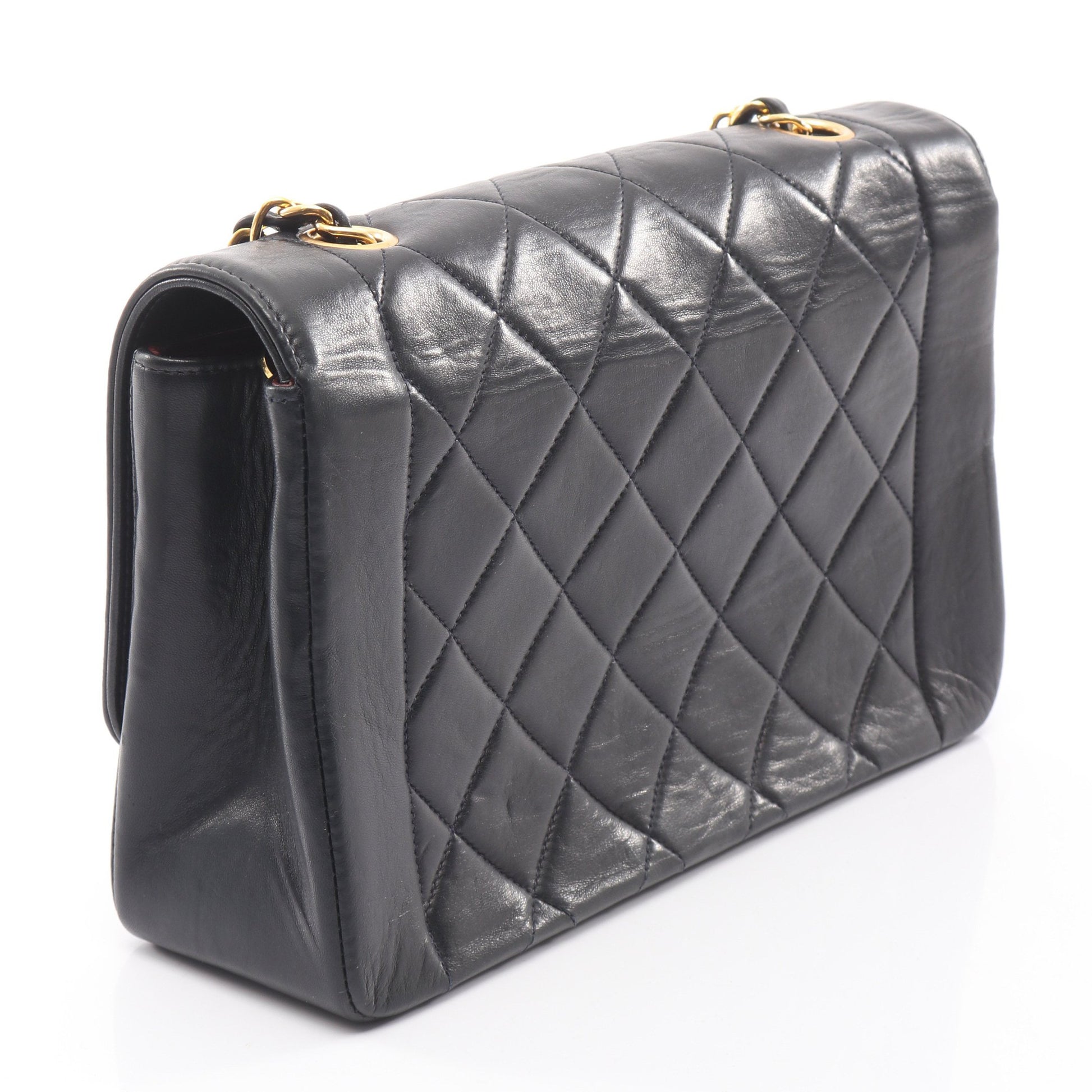 マトラッセ ダイアナフラップ チェーンショルダーバッグ ラムスキン ブラック ゴールド金具 シャネル バッグ CHANEL