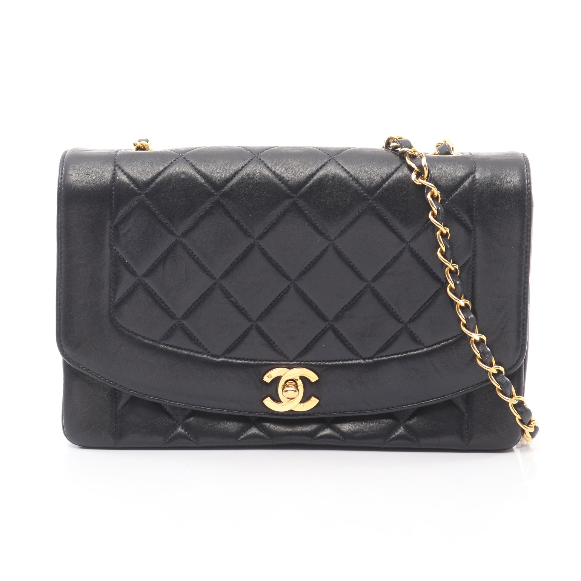 マトラッセ ダイアナフラップ チェーンショルダーバッグ ラムスキン ブラック ゴールド金具 シャネル バッグ CHANEL