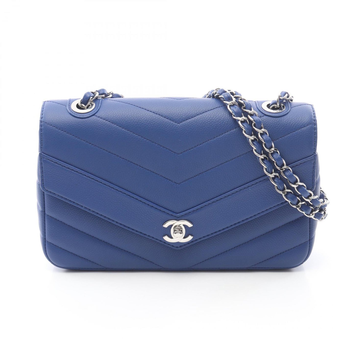Vステッチ チェーンショルダーバッグ キャビアスキン ダークブルー シルバー金具 シャネル バッグ CHANEL