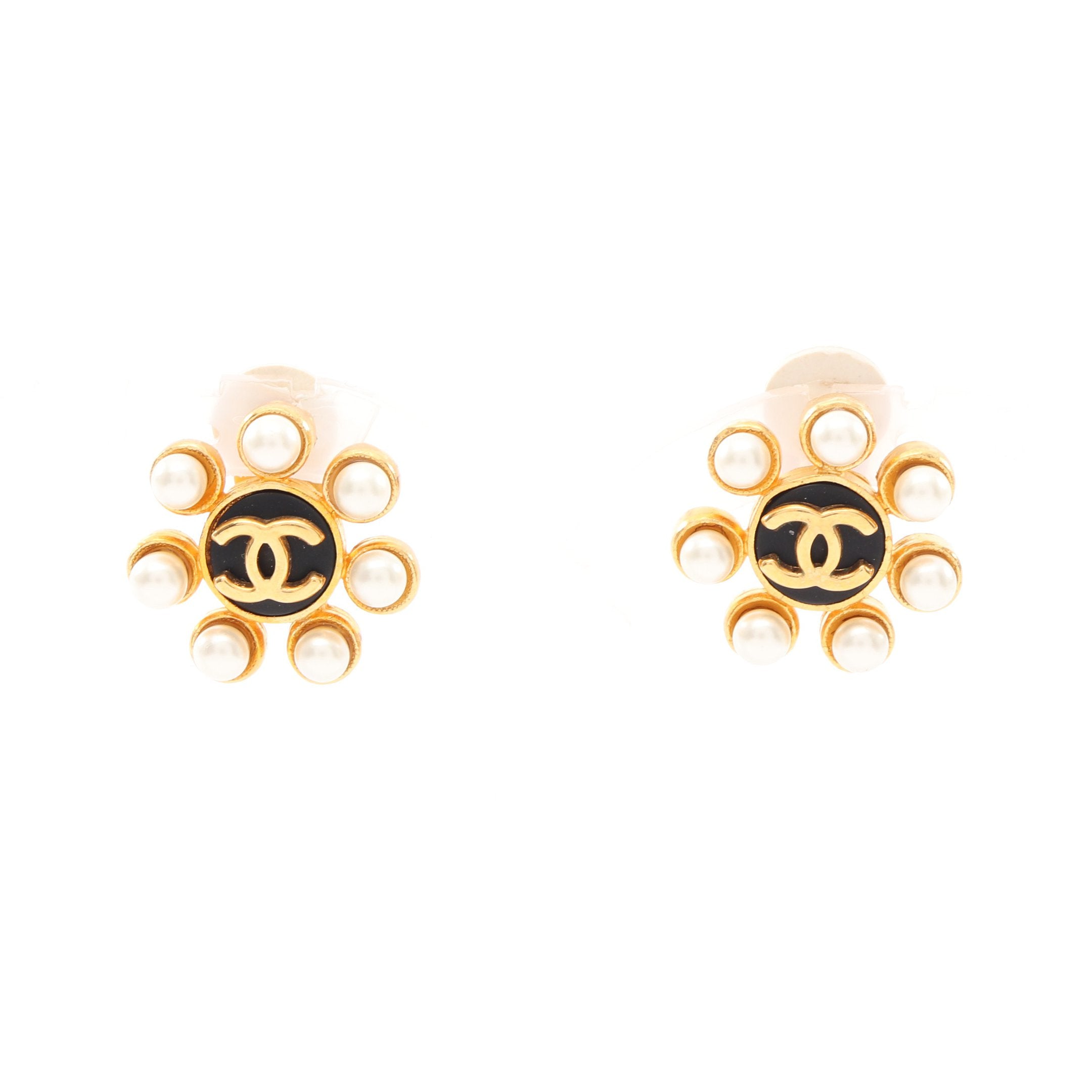 ココマーク フラワー イヤリング GP フェイクパール ゴールド ブラック