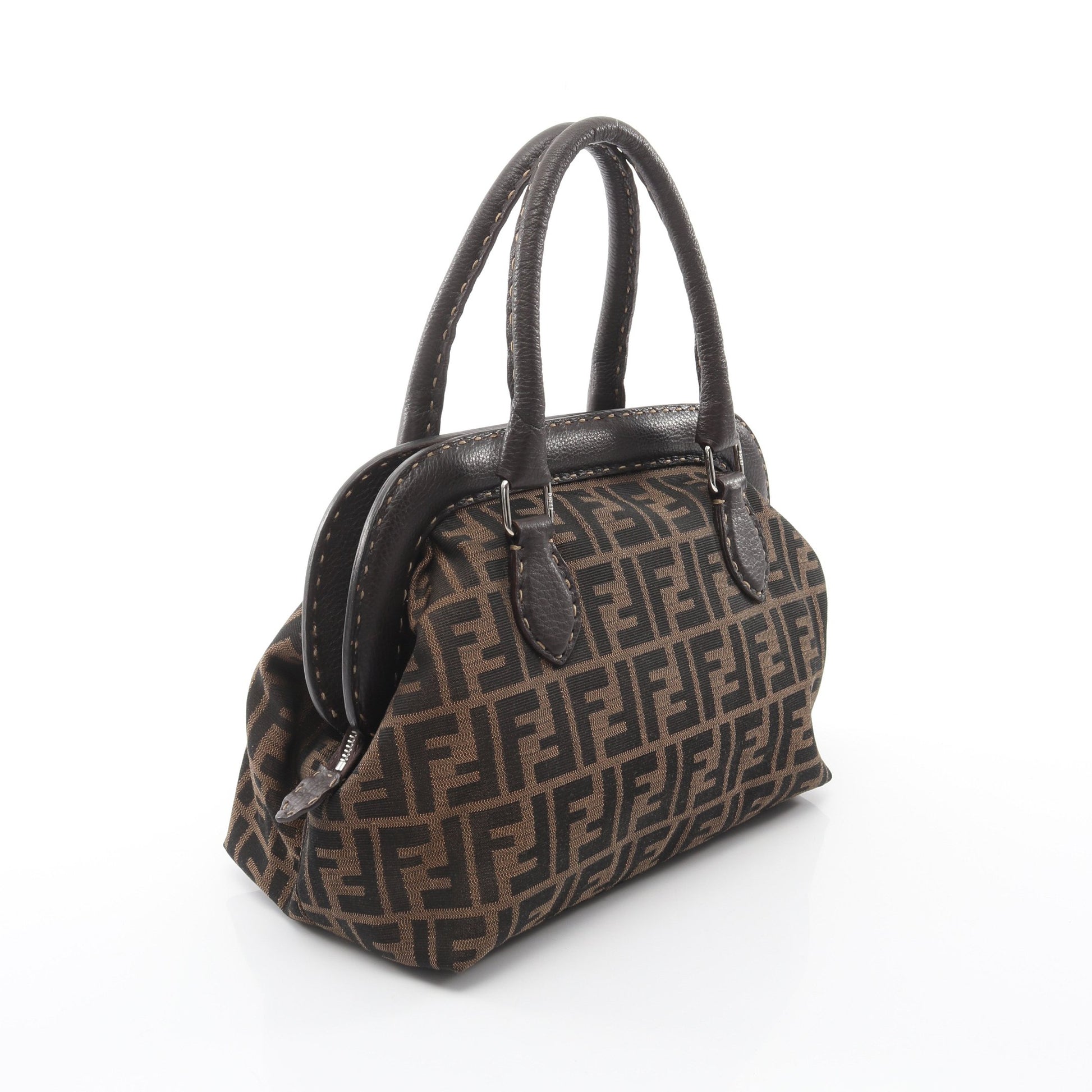 ズッカ ハンドバッグ キャンバス レザー ダークブラウン フェンディ バッグ FENDI