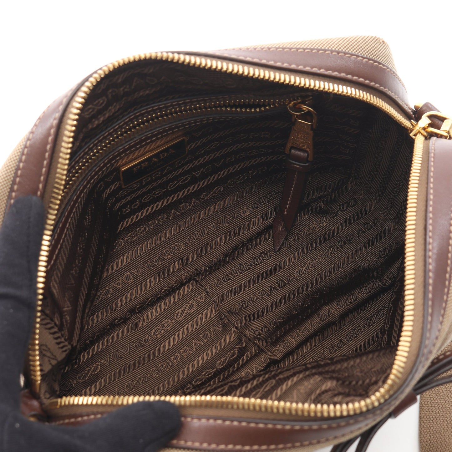 LOGO JACQUARD ロゴジャガード ショルダーバッグ キャンバス レザー ベージュ ダークブラウン プラダ バッグ PRADA