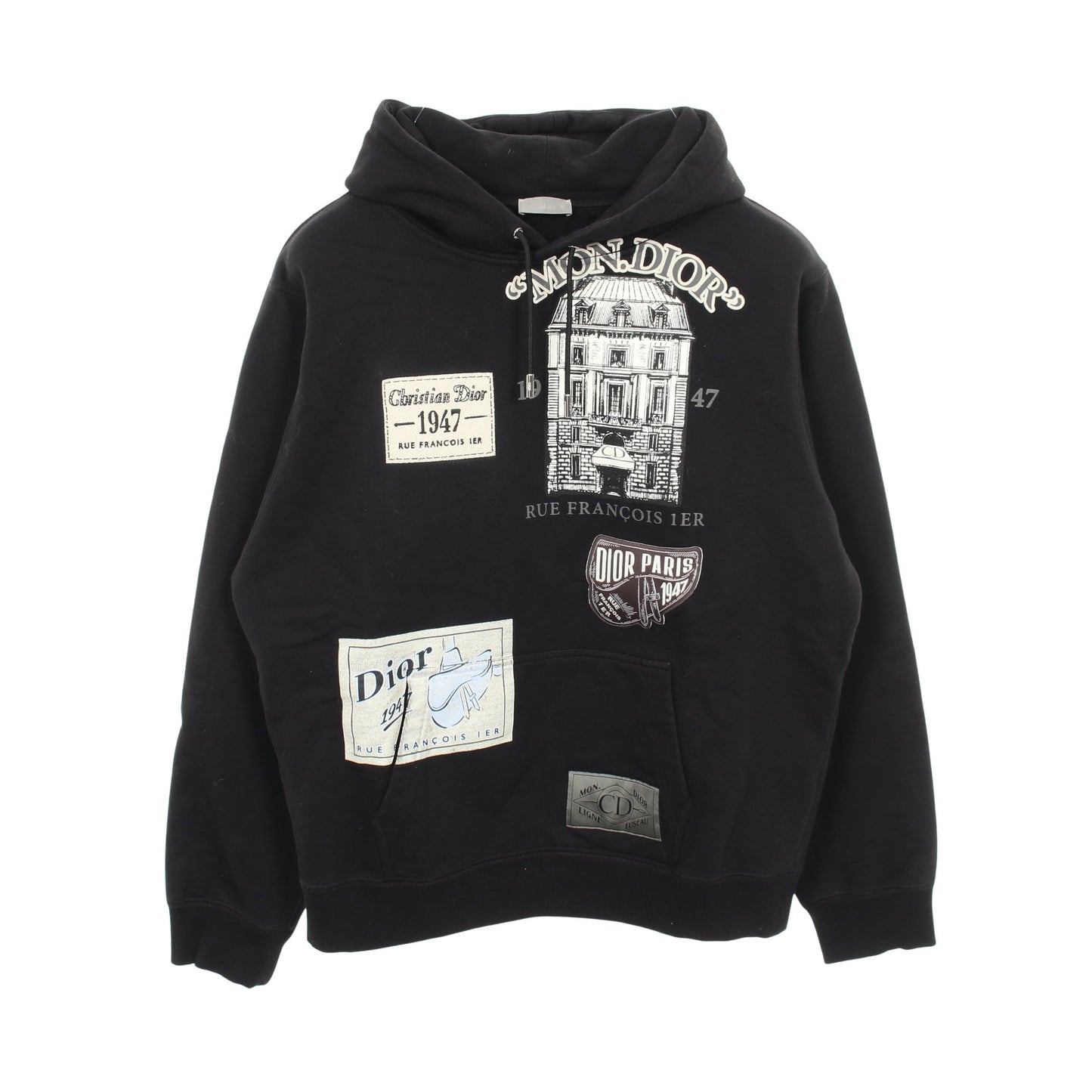 アーカイブパッチ 裏起毛 プルオーバーパーカー コットン ブラック ディオール トップス DIOR