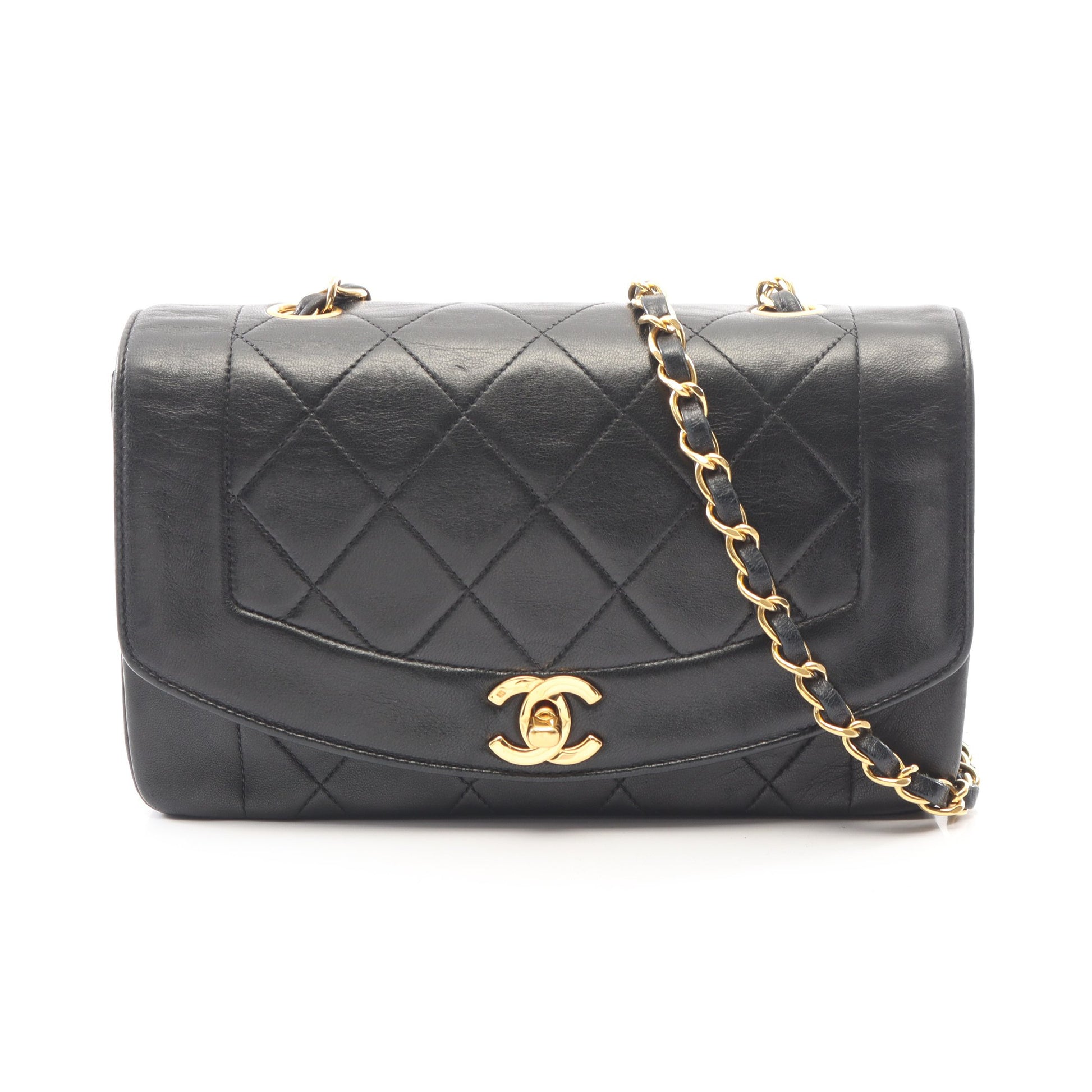 マトラッセ ダイアナフラップ チェーンショルダーバッグ ラムスキン ブラック ゴールド金具 シャネル バッグ CHANEL