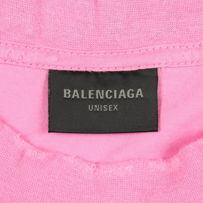 ロゴ刺繍 オーバーサイズ 半袖Tシャツ クルーネック コットン ピンク ダメージ加工 バレンシアガ トップス BALENCIAGA