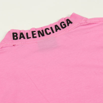 ロゴ刺繍 オーバーサイズ 半袖Tシャツ クルーネック コットン ピンク ダメージ加工 バレンシアガ トップス BALENCIAGA