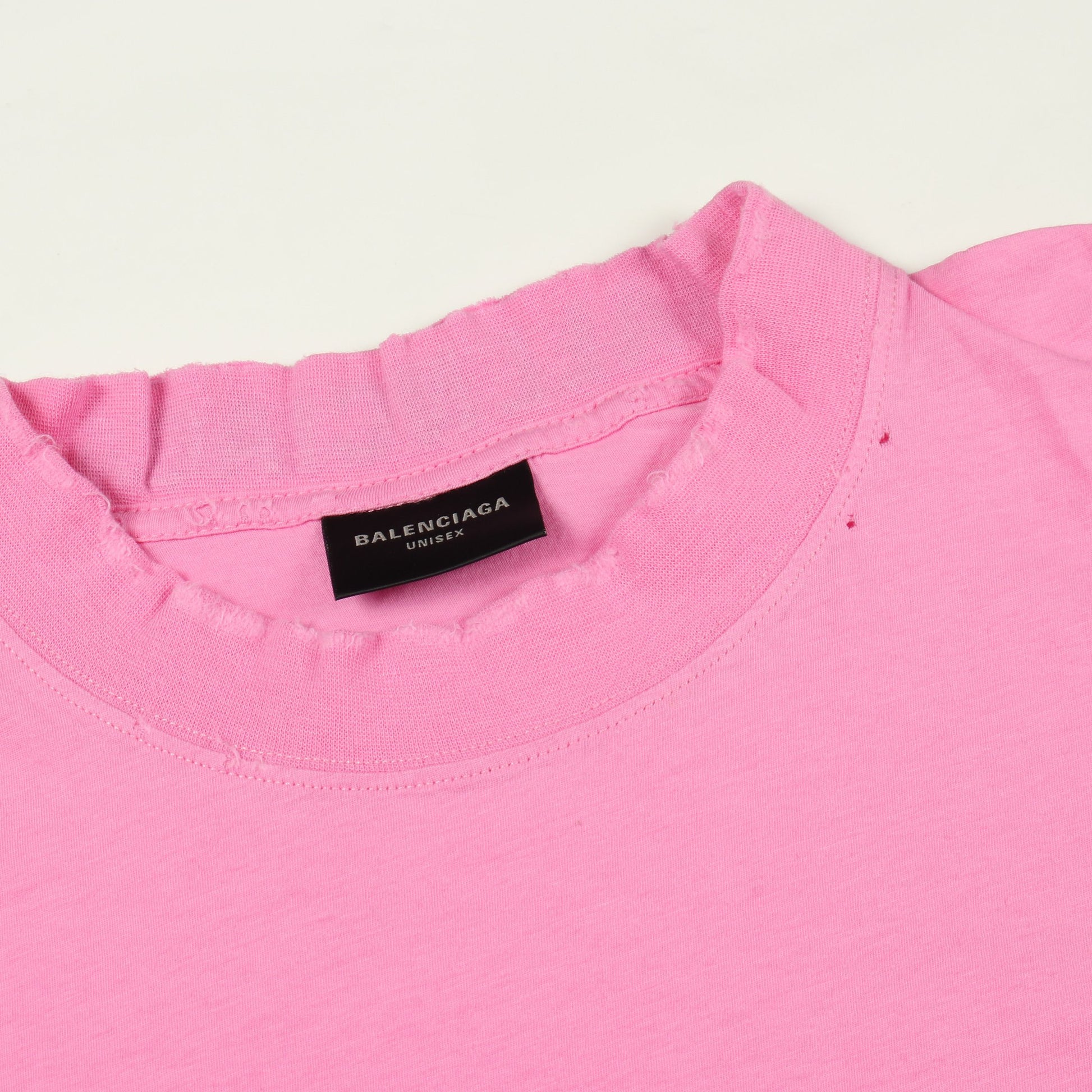 ロゴ刺繍 オーバーサイズ 半袖Tシャツ クルーネック コットン ピンク ダメージ加工 バレンシアガ トップス BALENCIAGA