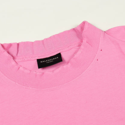 ロゴ刺繍 オーバーサイズ 半袖Tシャツ クルーネック コットン ピンク ダメージ加工 バレンシアガ トップス BALENCIAGA