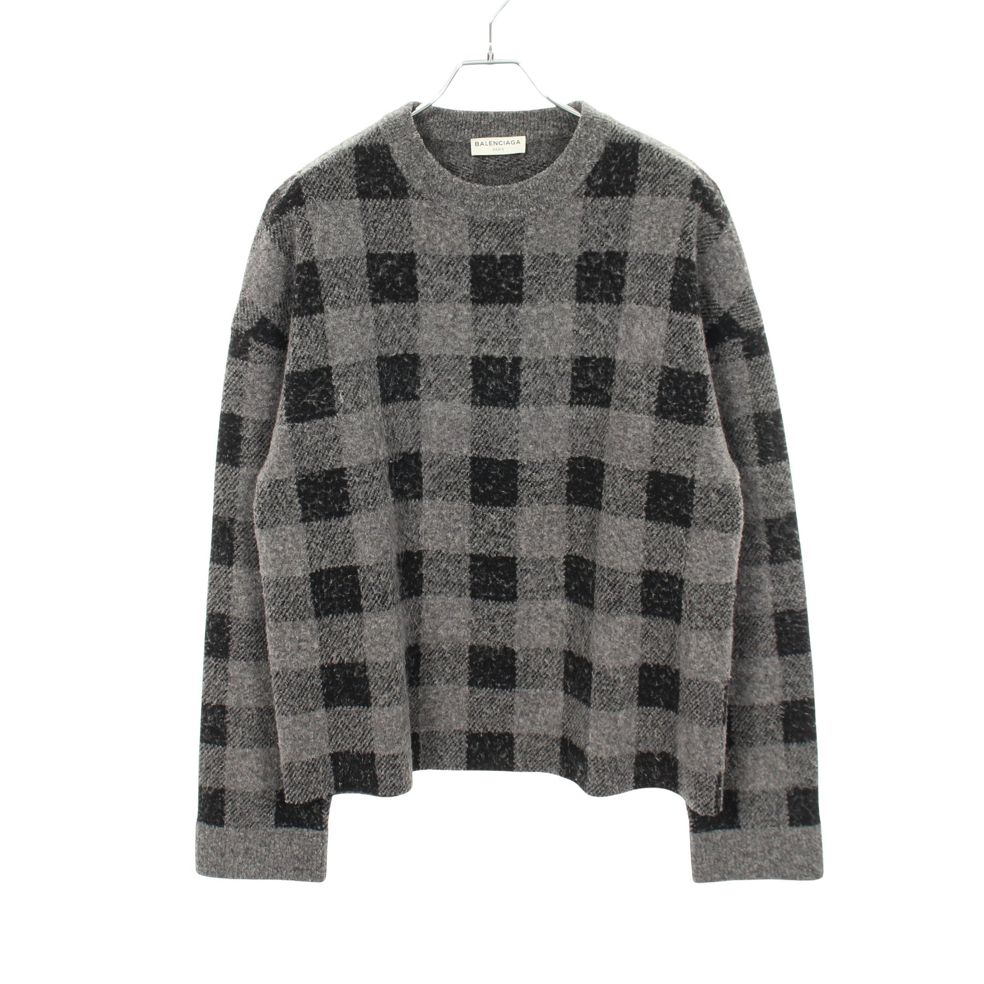 ニット クルーネック ブロックチェック ウール ナイロン ブラック グレー バレンシアガ トップス BALENCIAGA