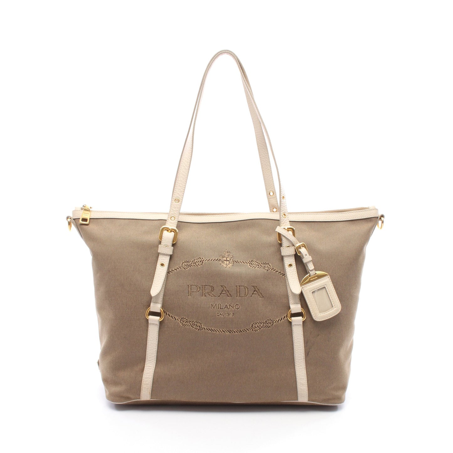 LOGO JACQUARD ロゴジャガード ショルダーバッグ トートバッグ キャンバス レザー カーキブラウン アイボリー プラダ バッグ PRADA