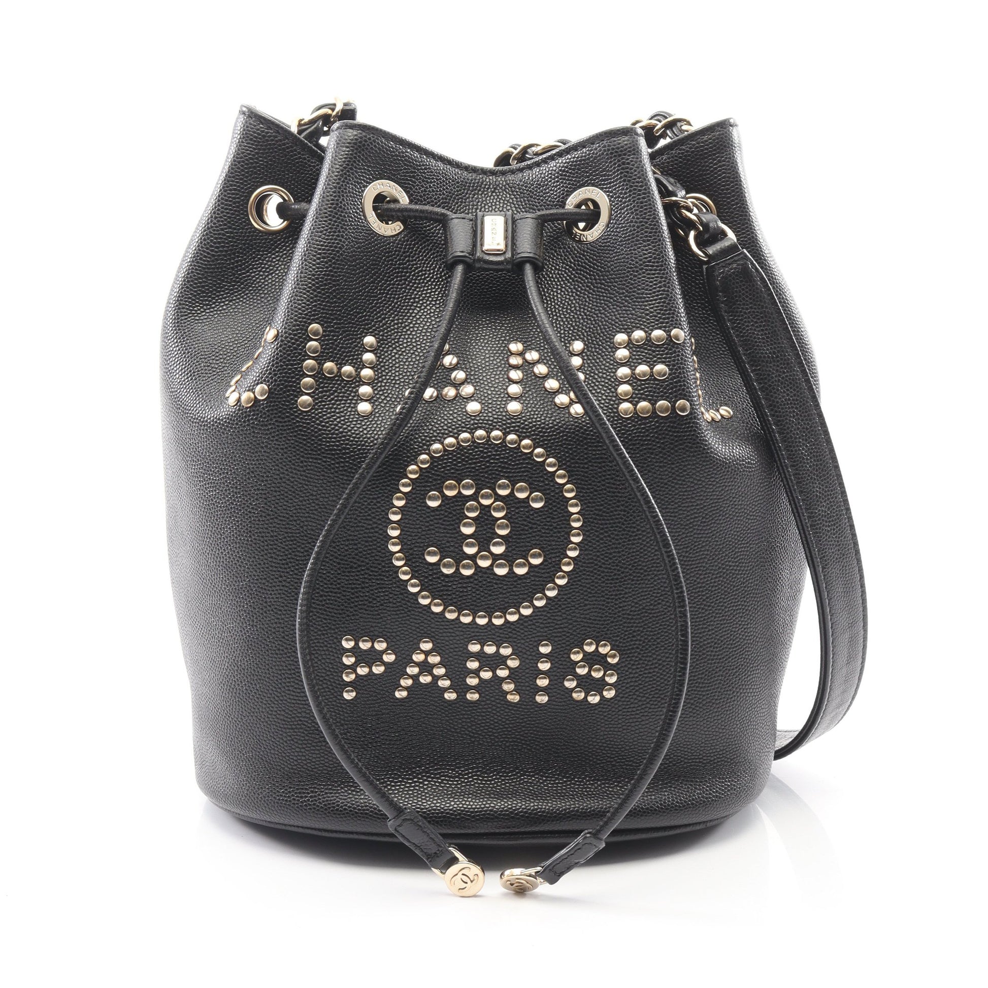 ドーヴィル 巾着 チェーンショルダーバッグ キャビアスキン ブラック ゴールド金具 シャネル バッグ CHANEL