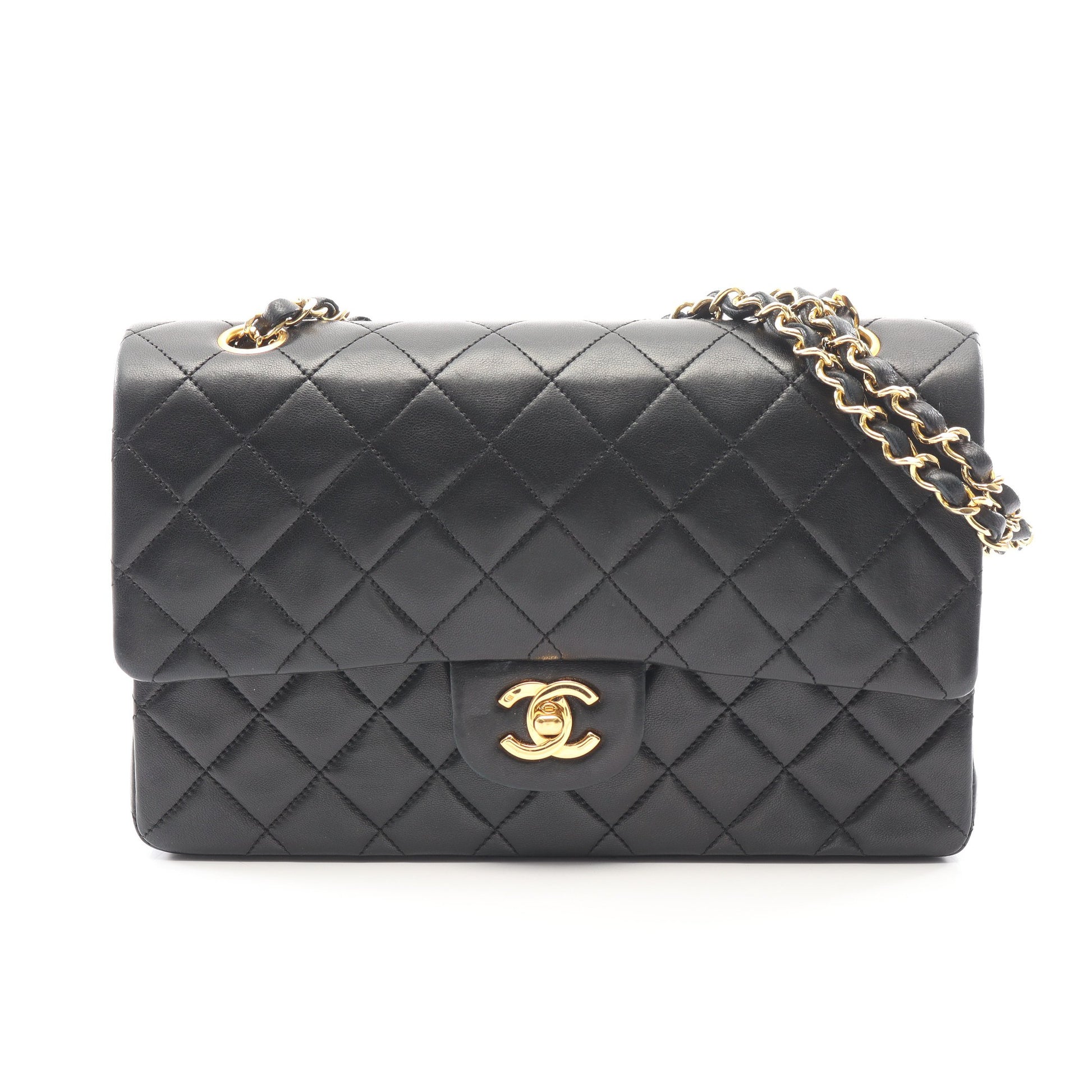 マトラッセ Wフラップ Wチェーンショルダーバッグ ラムスキン ブラック ゴールド金具 ヴィンテージ シャネル バッグ CHANEL