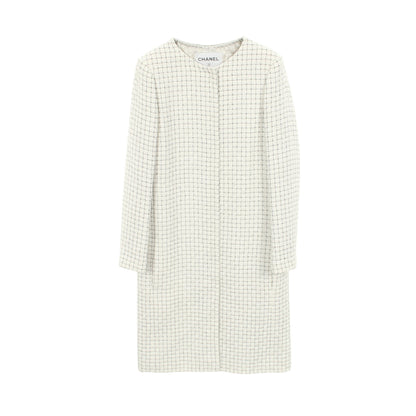 チェック ツイード ノーカラー コート シルク ホワイト ブラック シャネル アウター CHANEL