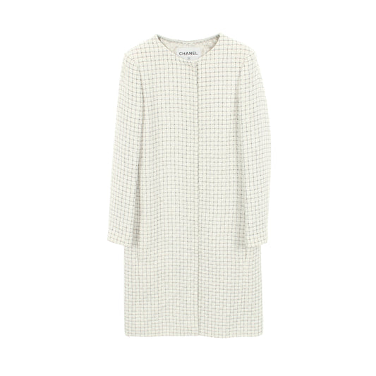 チェック ツイード ノーカラー コート シルク ホワイト ブラック シャネル