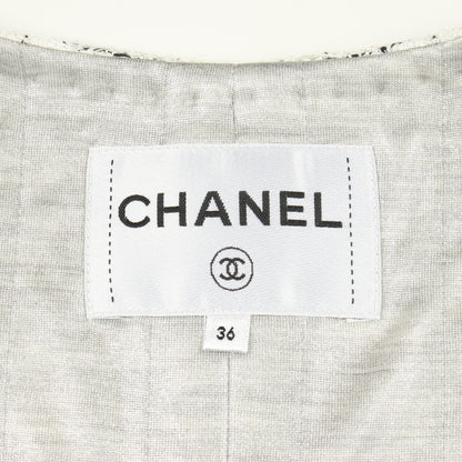 チェック ツイード ノーカラー コート シルク ホワイト ブラック シャネル アウター CHANEL