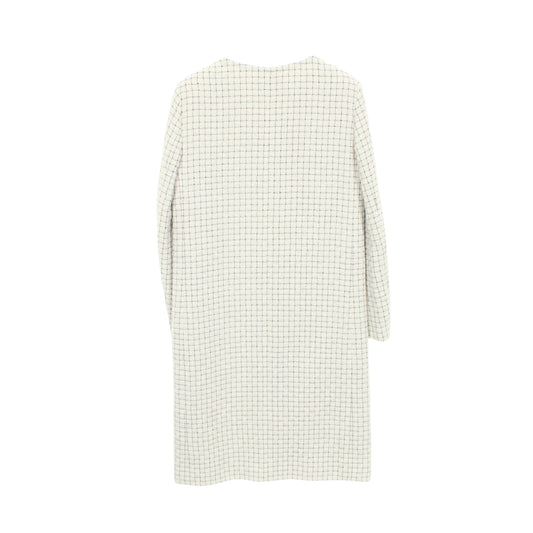 チェック ツイード ノーカラー コート シルク ホワイト ブラック シャネル