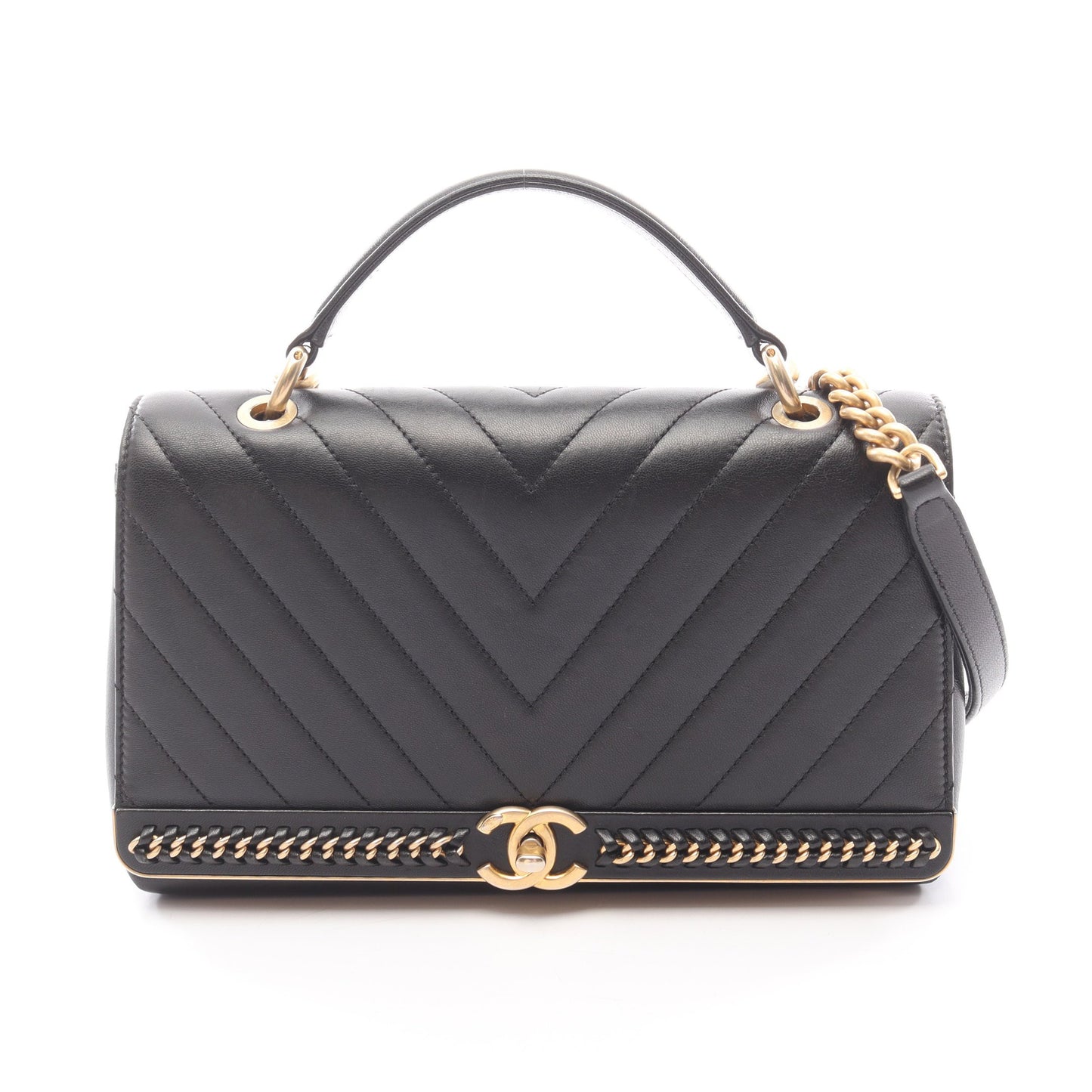 トップハンドル Vステッチ チェーンショルダーバッグ ラムスキン ブラック ゴールド金具 2WAY シャネル バッグ CHANEL