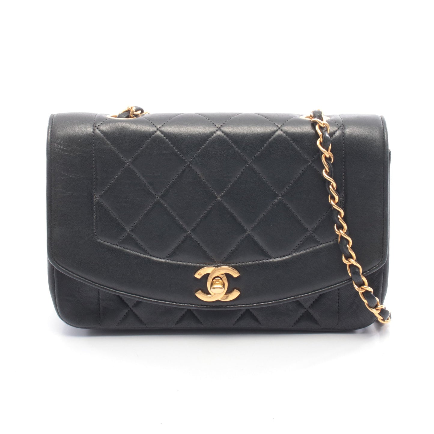 マトラッセ ダイアナフラップ チェーンショルダーバッグ ラムスキン ブラック ゴールド金具 シャネル バッグ CHANEL