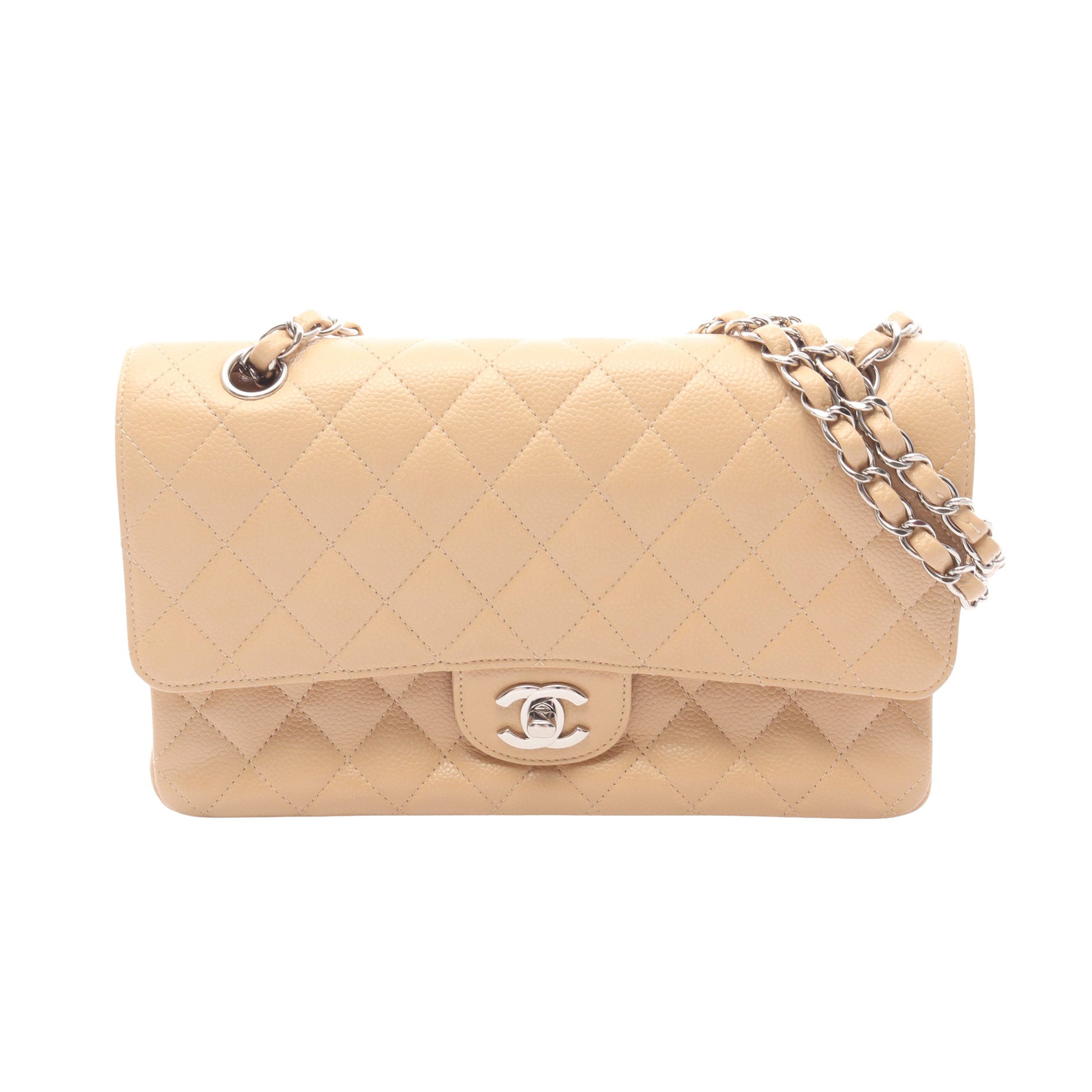 マトラッセ Wフラップ Wチェーンショルダーバッグ キャビアスキン ベージュ シルバー金具 シャネル バッグ CHANEL
