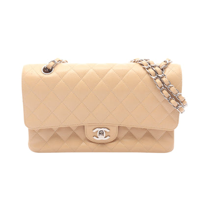 マトラッセ Wフラップ Wチェーンショルダーバッグ キャビアスキン ベージュ シルバー金具 シャネル バッグ CHANEL