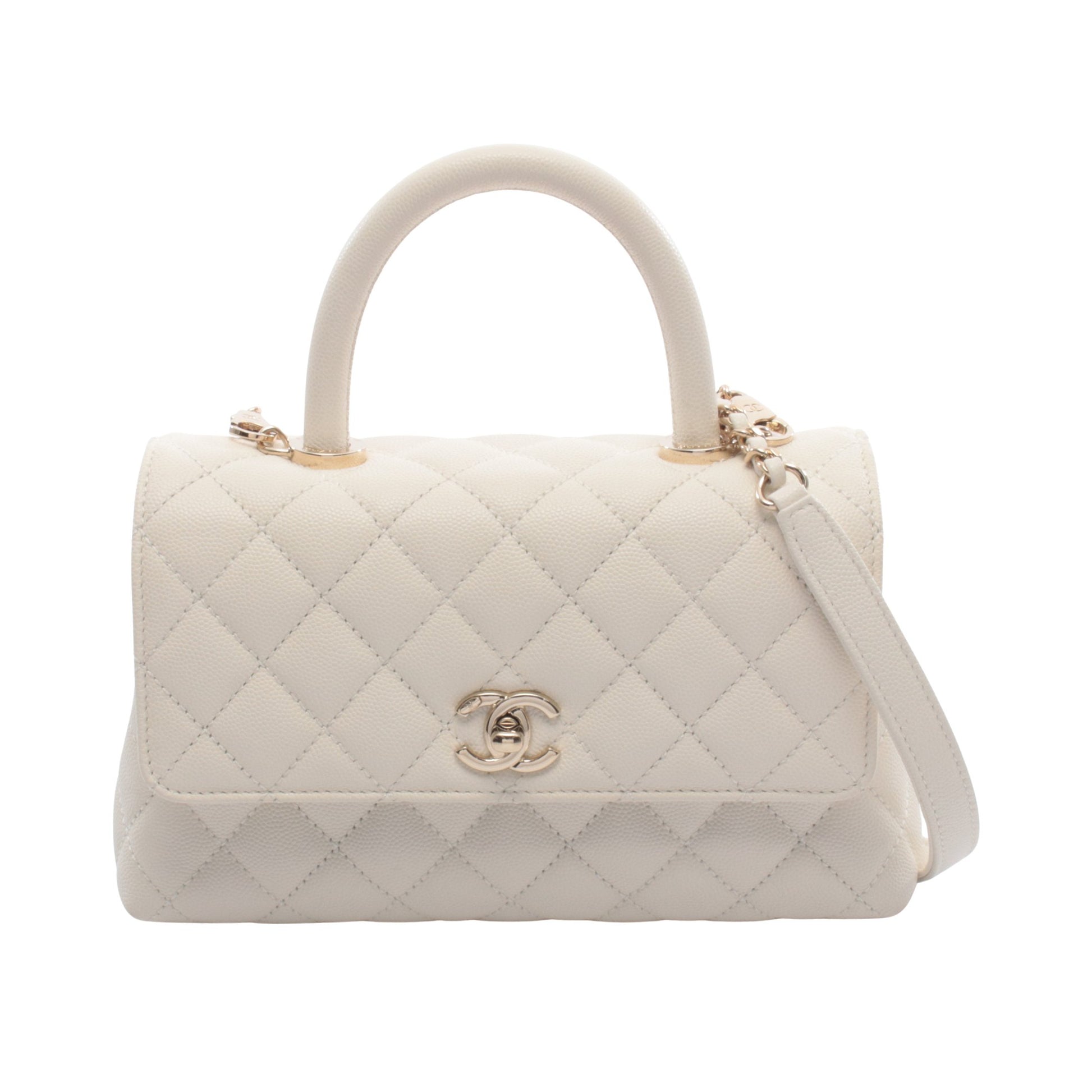 ココハンドル フラップ マトラッセ ハンドバッグ キャビアスキン オフホワイト ゴールド金具 シャネル バッグ CHANEL