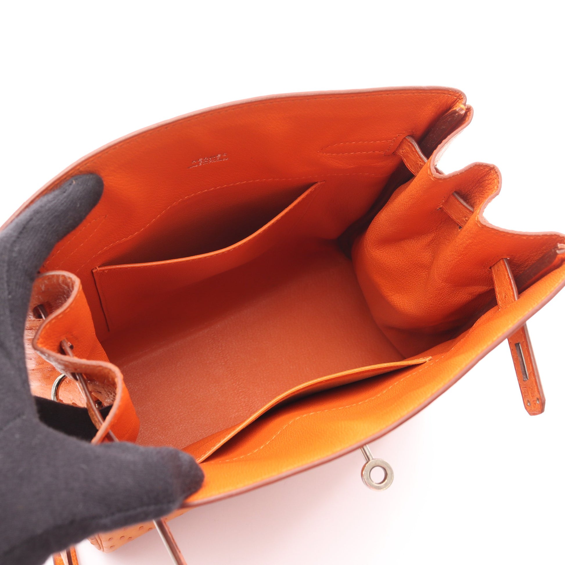 ケリースポーツMM ショルダーバッグ オーストリッチ オレンジ シルバー金具 □E刻印 エルメス バッグ HERMES