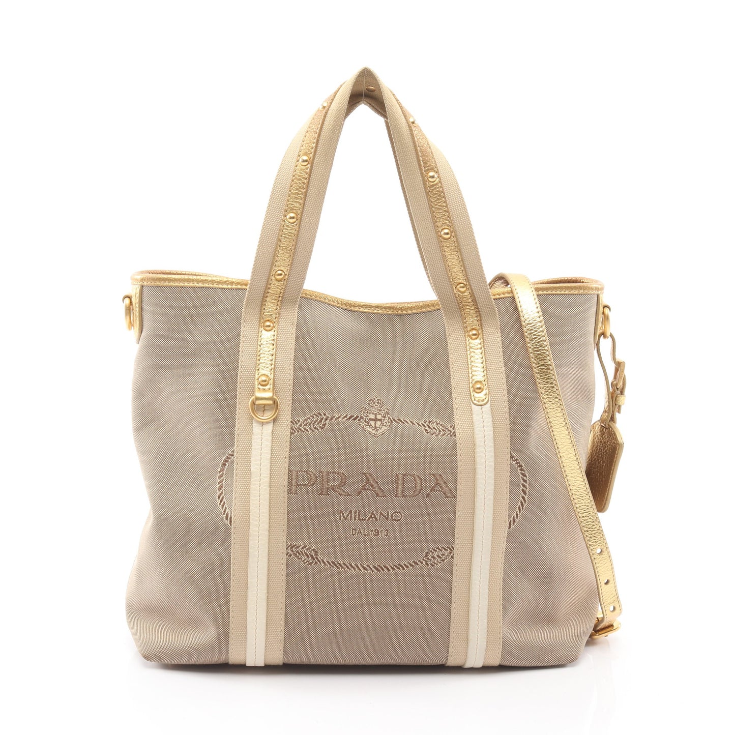 LOGO JACQUARD ロゴジャガード ハンドバッグ キャンバス レザー ベージュ ゴールド 2WAY プラダ バッグ PRADA