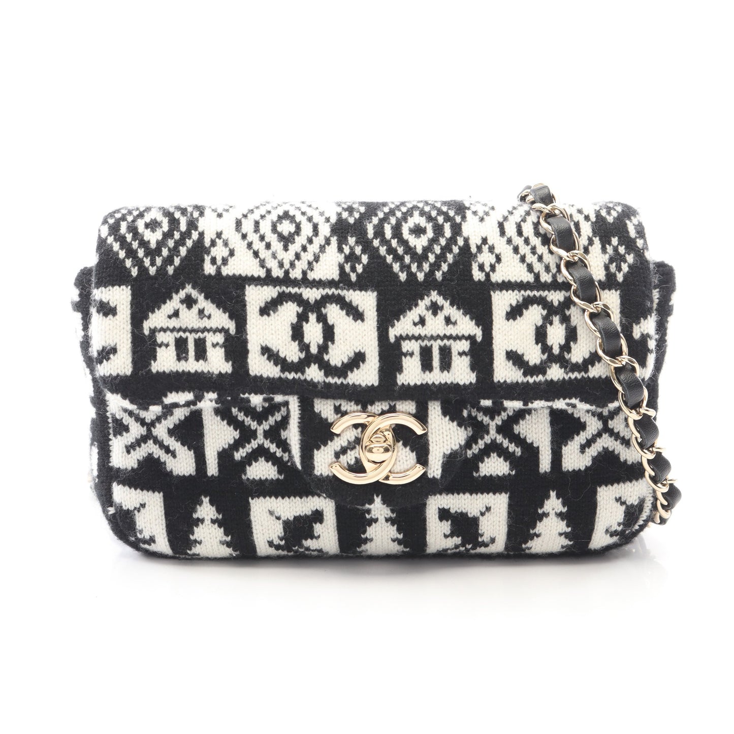 ココネージュ チェーンショルダーバッグ ウール ブラック ホワイト ゴールド金具 シャネル バッグ CHANEL