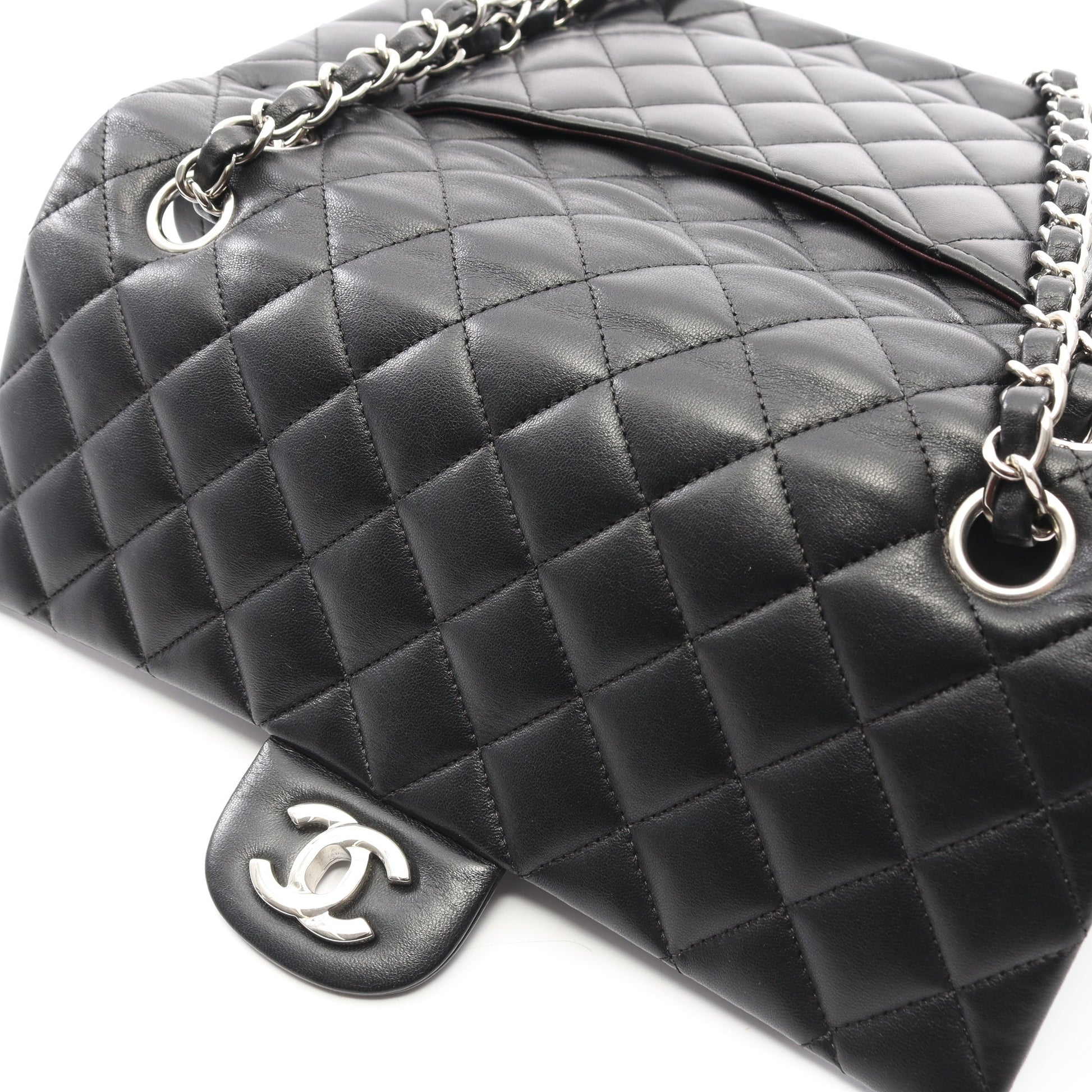 マトラッセ Wフラップ Wチェーンショルダーバッグ ラムスキン ブラック シルバー金具 シャネル バッグ CHANEL