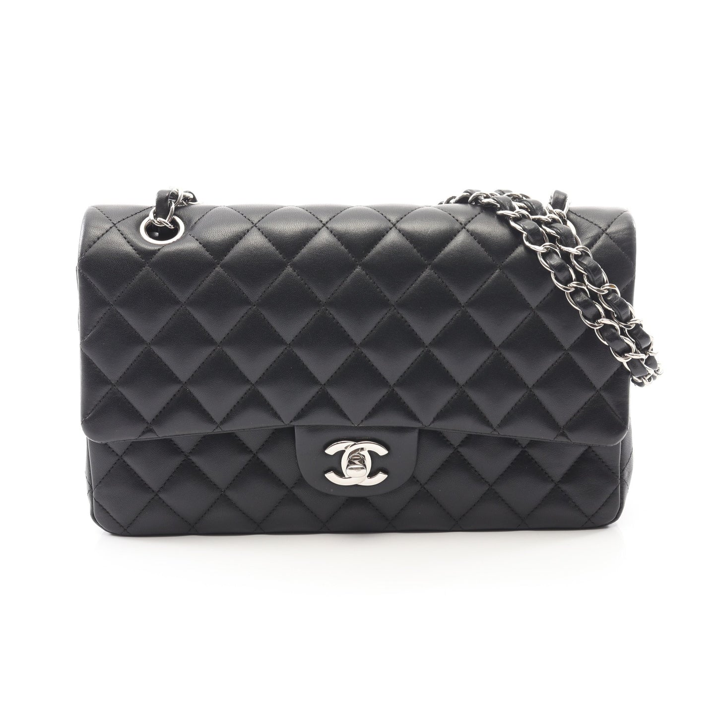 マトラッセ Wフラップ Wチェーンショルダーバッグ ラムスキン ブラック シルバー金具 シャネル バッグ CHANEL