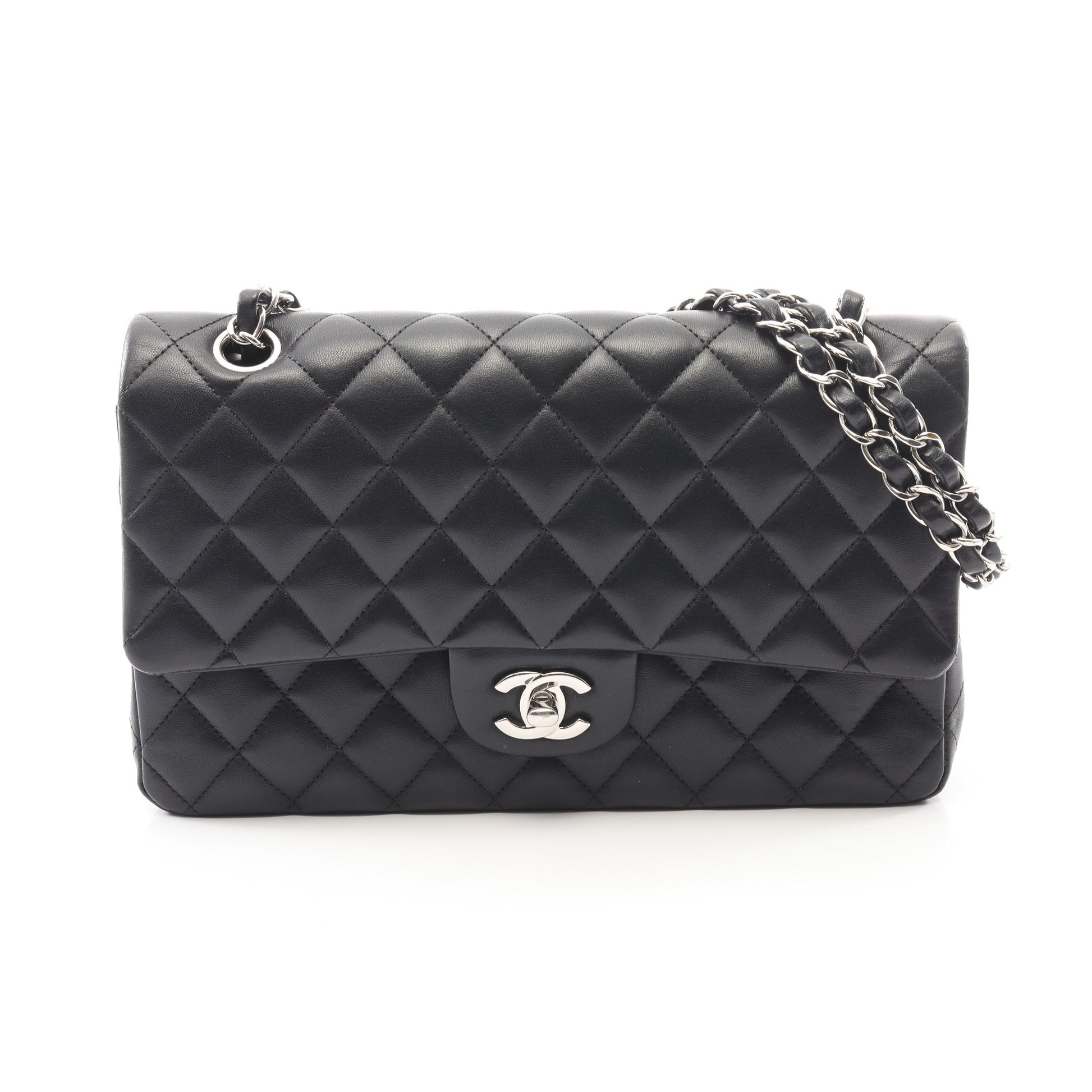 マトラッセ Wフラップ Wチェーンショルダーバッグ ラムスキン ブラック シルバー金具 シャネル バッグ CHANEL