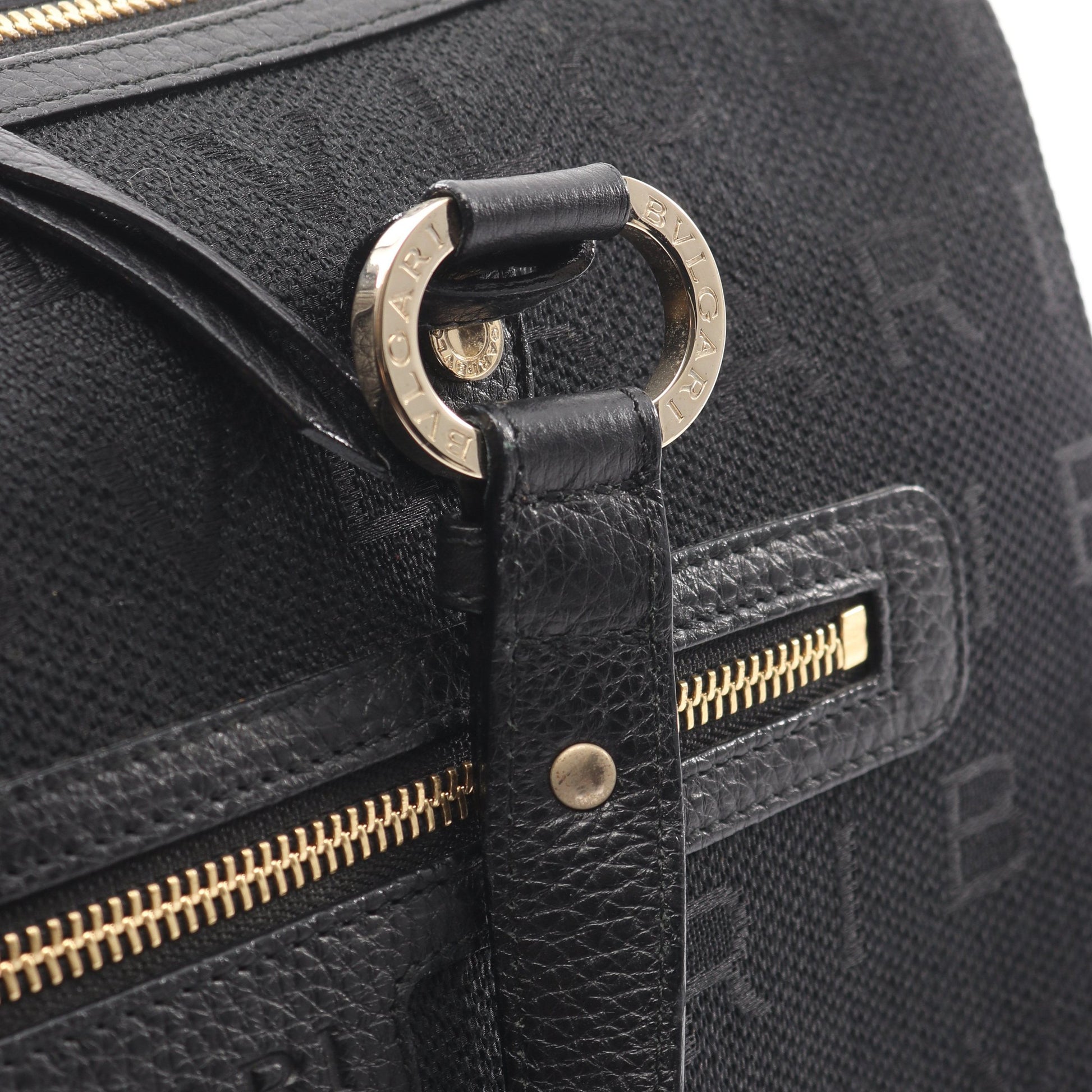 ロゴマニア ミニボストンバッグ キャンバス レザー ブラック ブルガリ バッグ BVLGARI