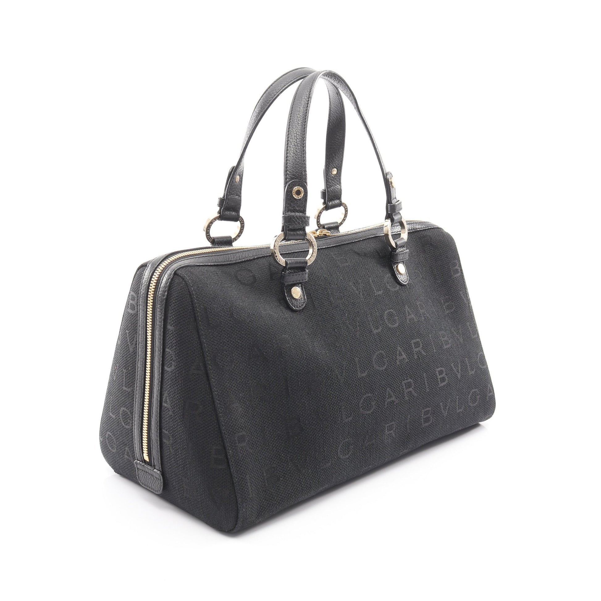 ロゴマニア ミニボストンバッグ キャンバス レザー ブラック ブルガリ バッグ BVLGARI