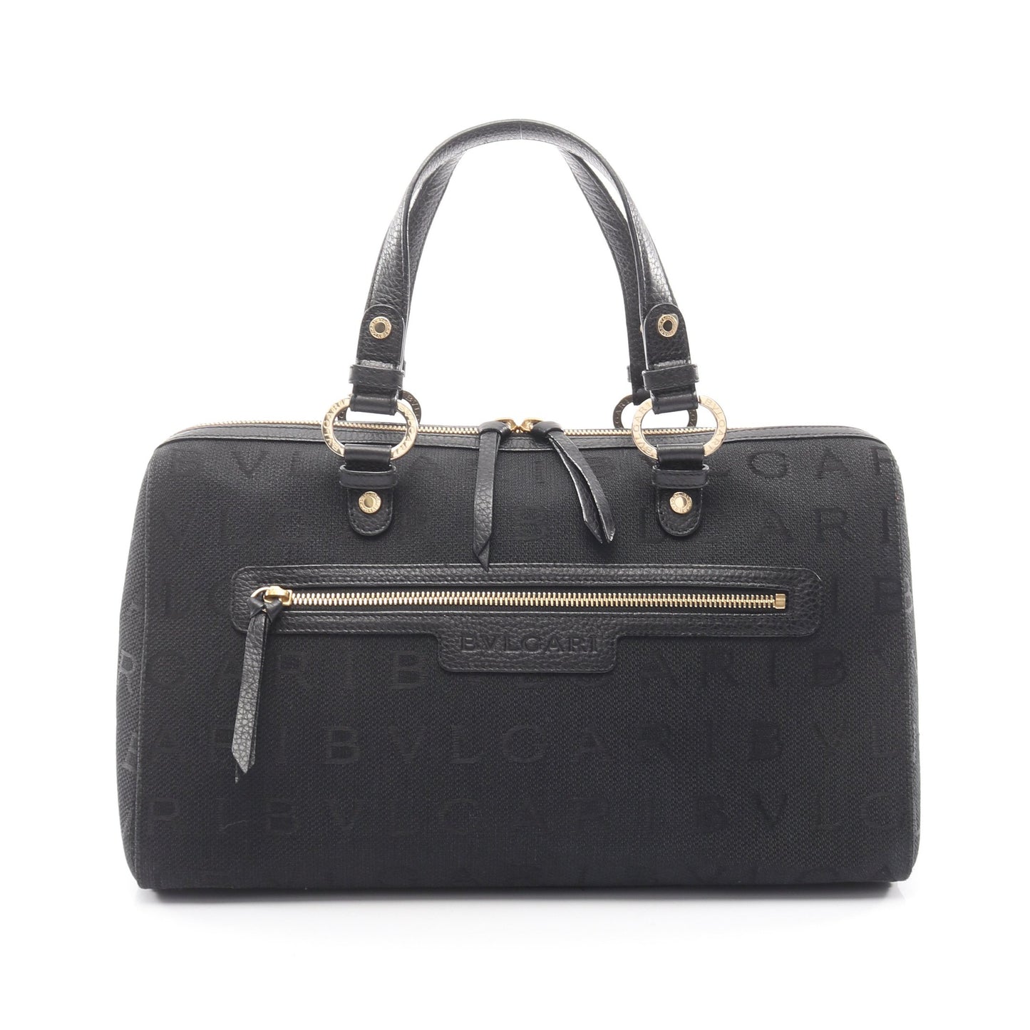 ロゴマニア ミニボストンバッグ キャンバス レザー ブラック ブルガリ バッグ BVLGARI