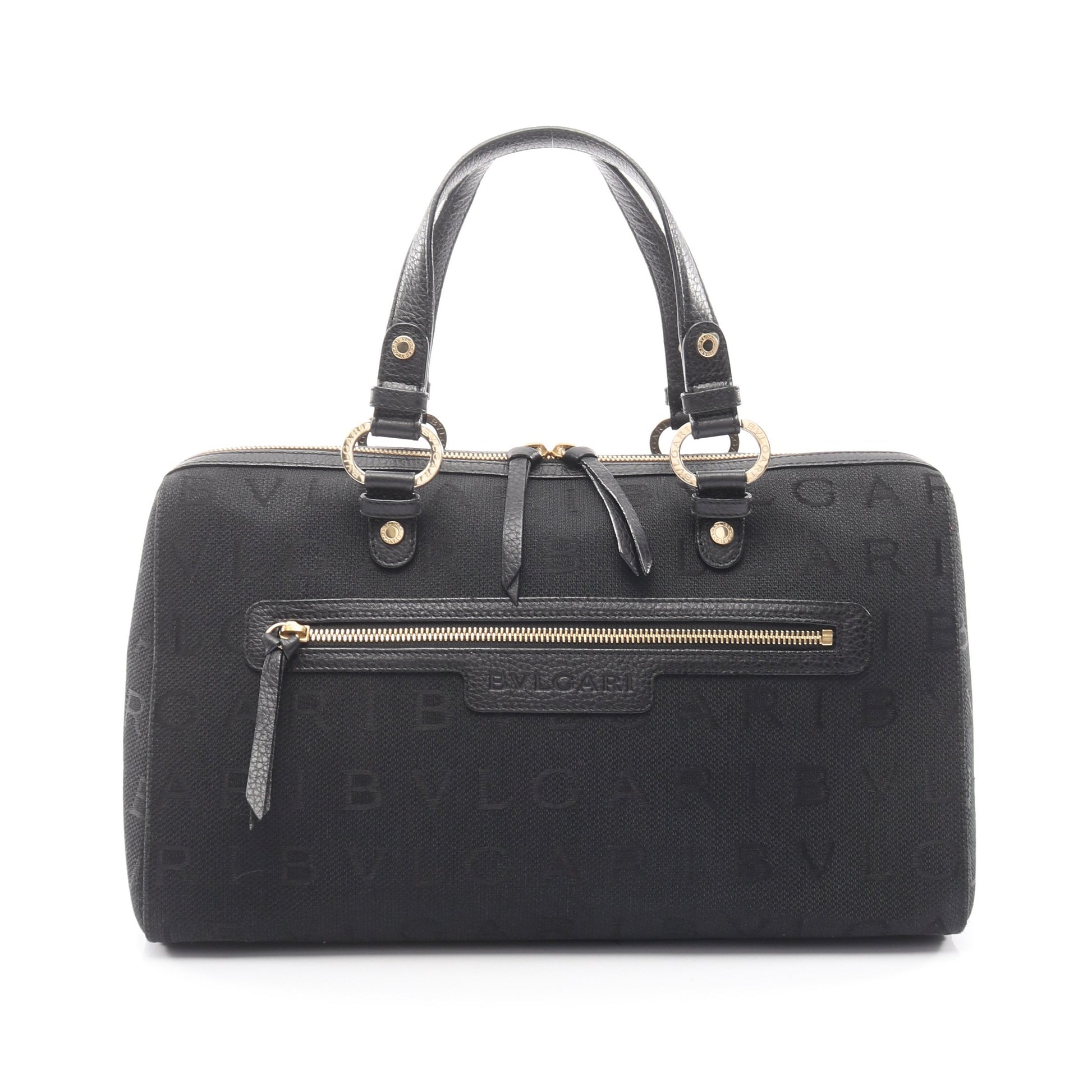 ロゴマニア ミニボストンバッグ キャンバス レザー ブラック ブルガリ バッグ BVLGARI