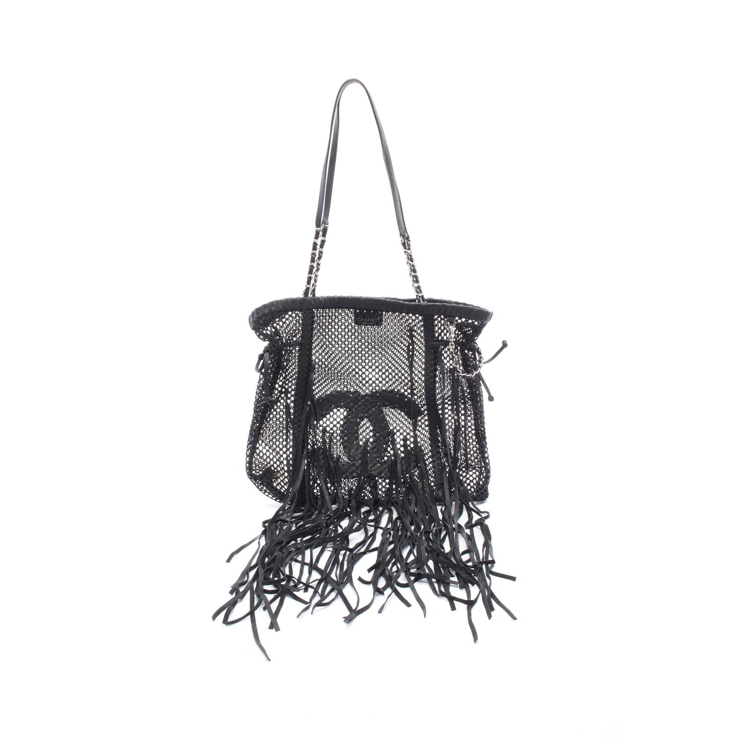 ココマーク チェーンショルダーバッグ メッシュ レザー ブラック シルバー金具 フリンジ シャネル バッグ CHANEL